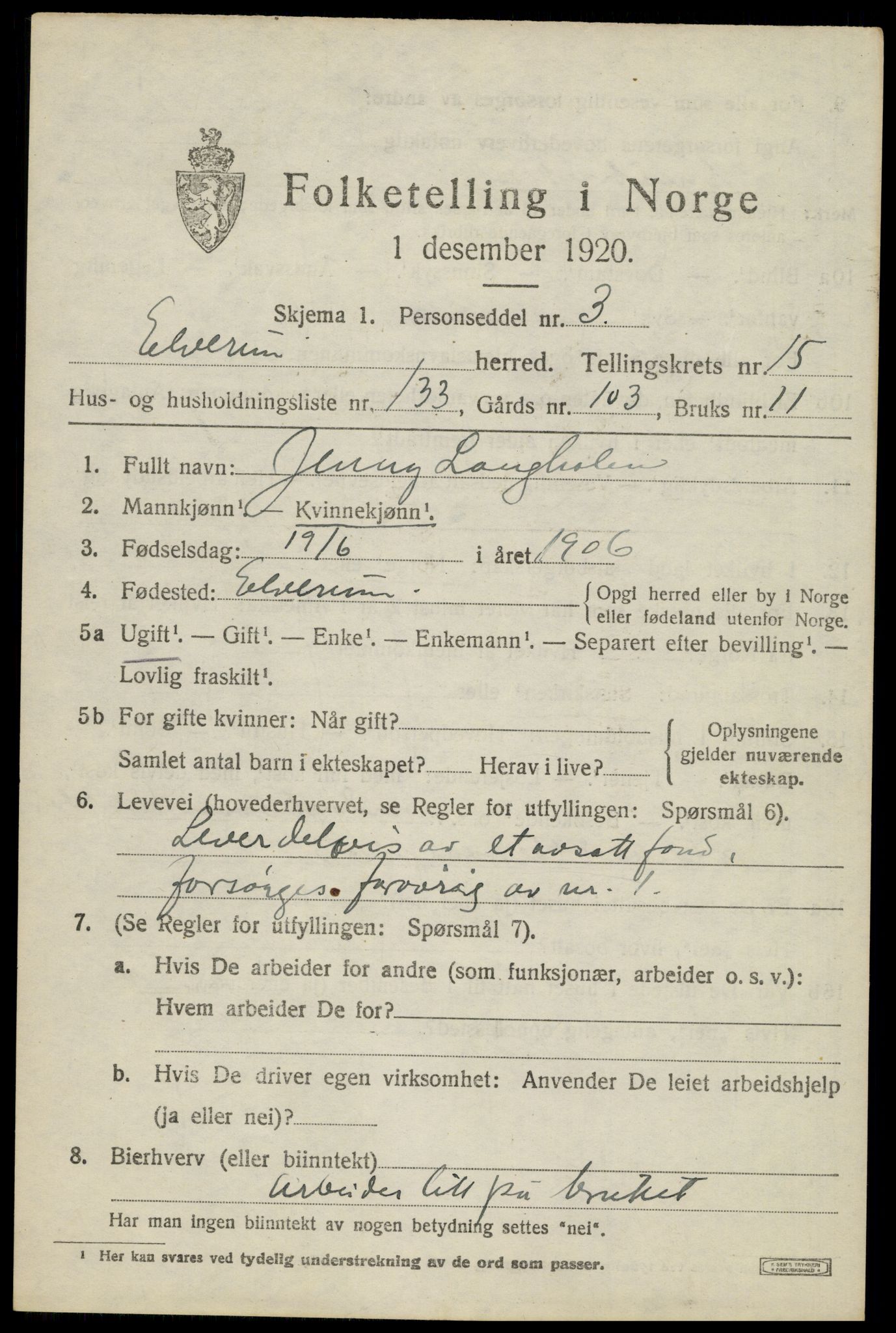 SAH, 1920 census for Elverum, 1920, p. 20790