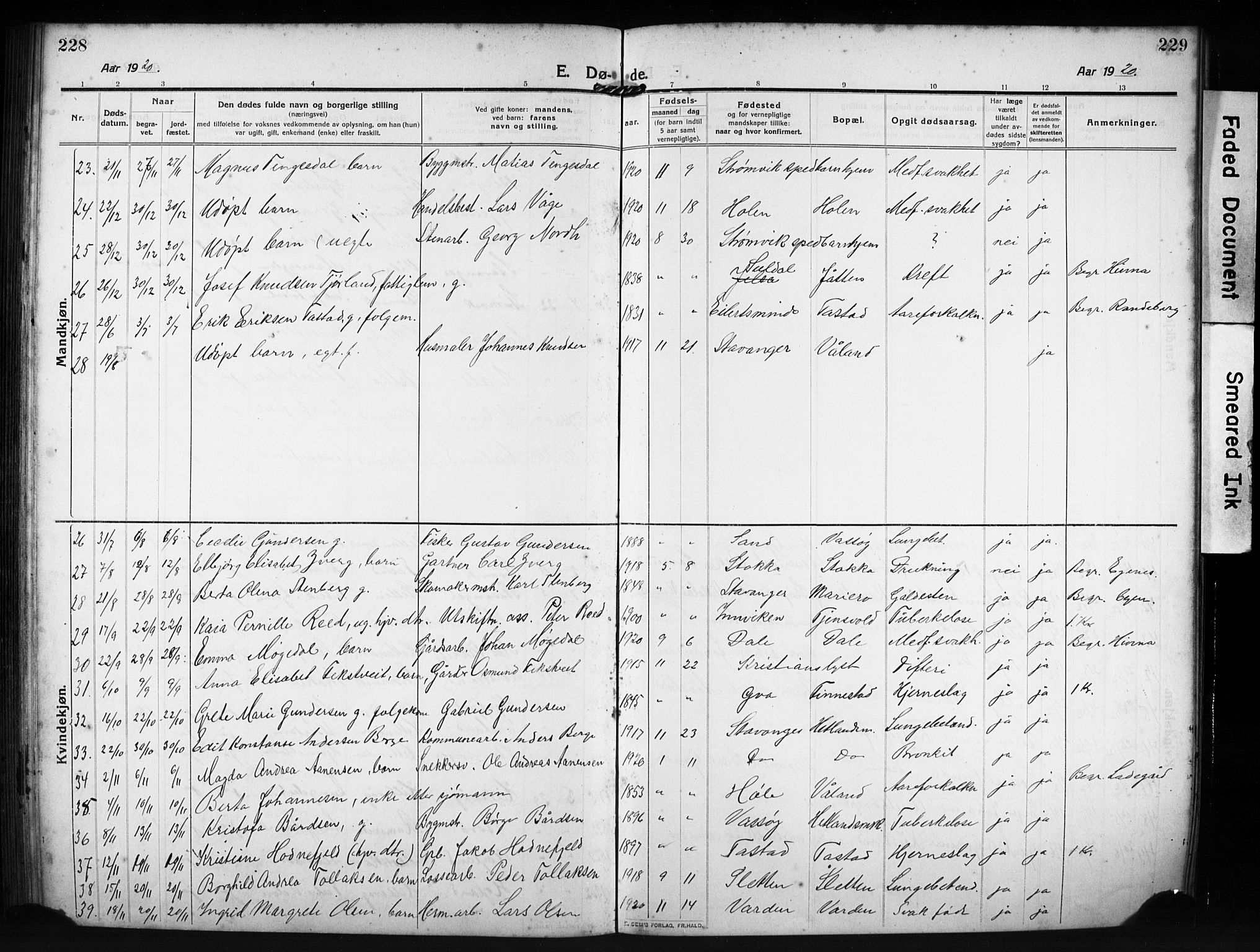 Hetland sokneprestkontor, AV/SAST-A-101826/30/30BB/L0009: Parish register (copy) no. B 9, 1910-1931, p. 228-229