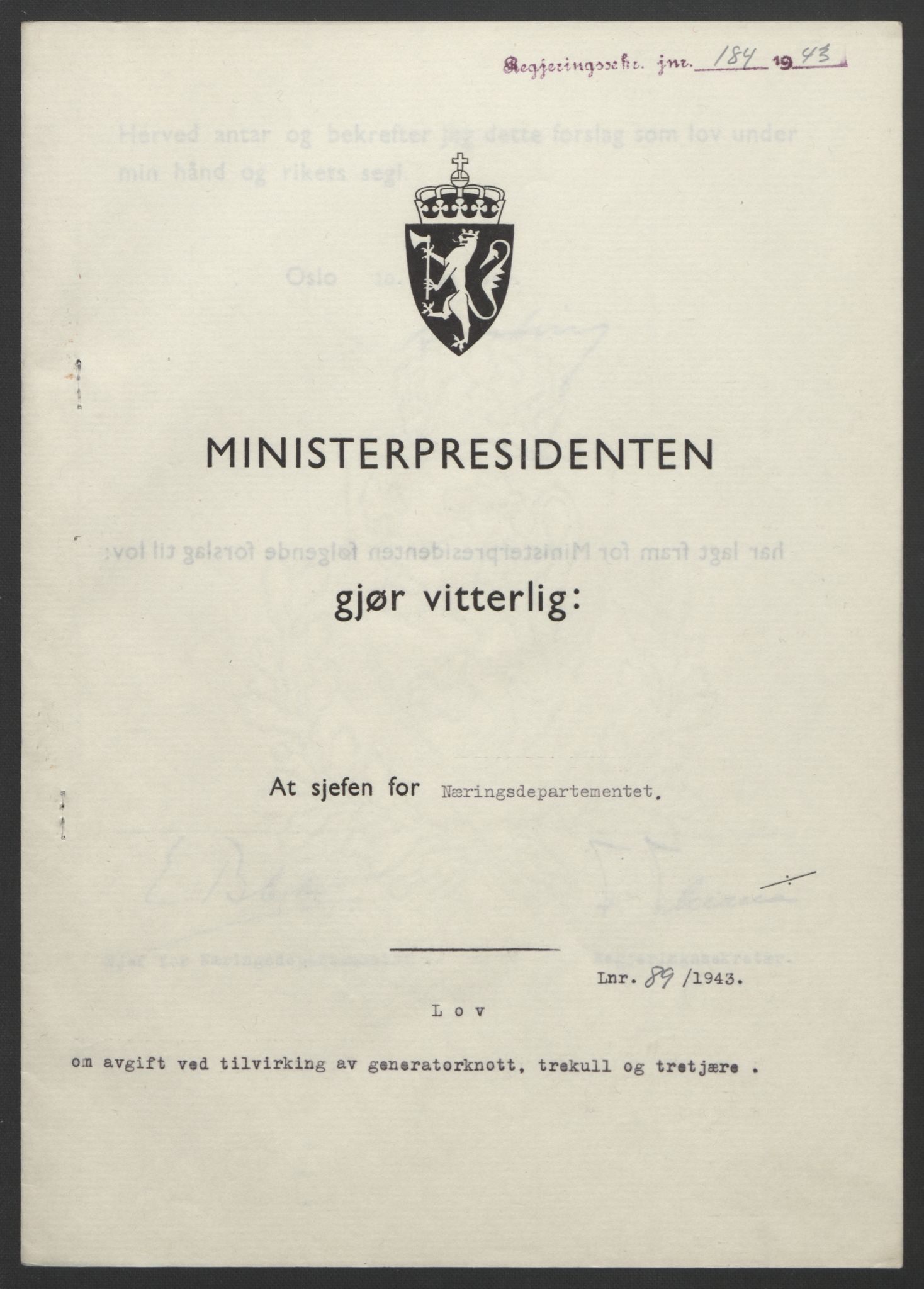 NS-administrasjonen 1940-1945 (Statsrådsekretariatet, de kommisariske statsråder mm), RA/S-4279/D/Db/L0099: Lover, 1943, p. 404