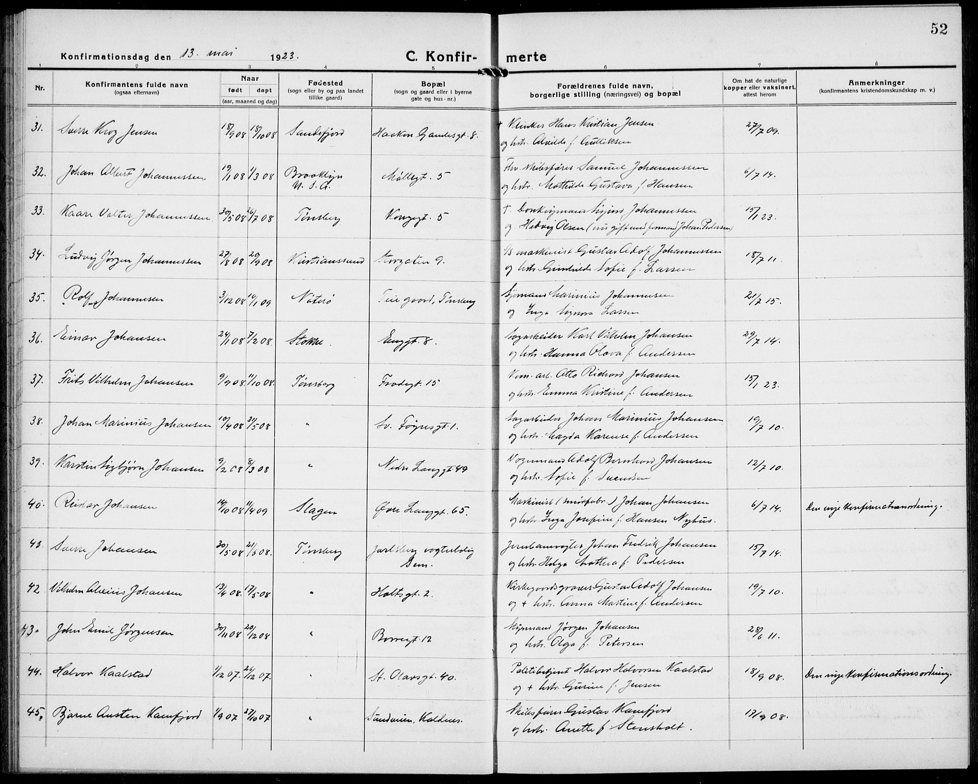 Tønsberg kirkebøker, AV/SAKO-A-330/G/Ga/L0013: Parish register (copy) no. 13, 1920-1929, p. 52