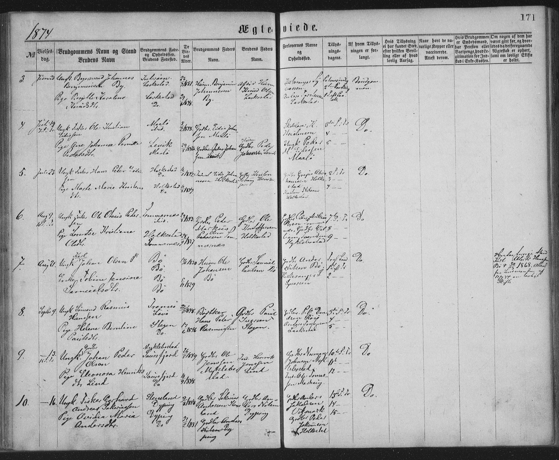 Ministerialprotokoller, klokkerbøker og fødselsregistre - Nordland, AV/SAT-A-1459/855/L0801: Parish register (official) no. 855A09, 1864-1874, p. 171