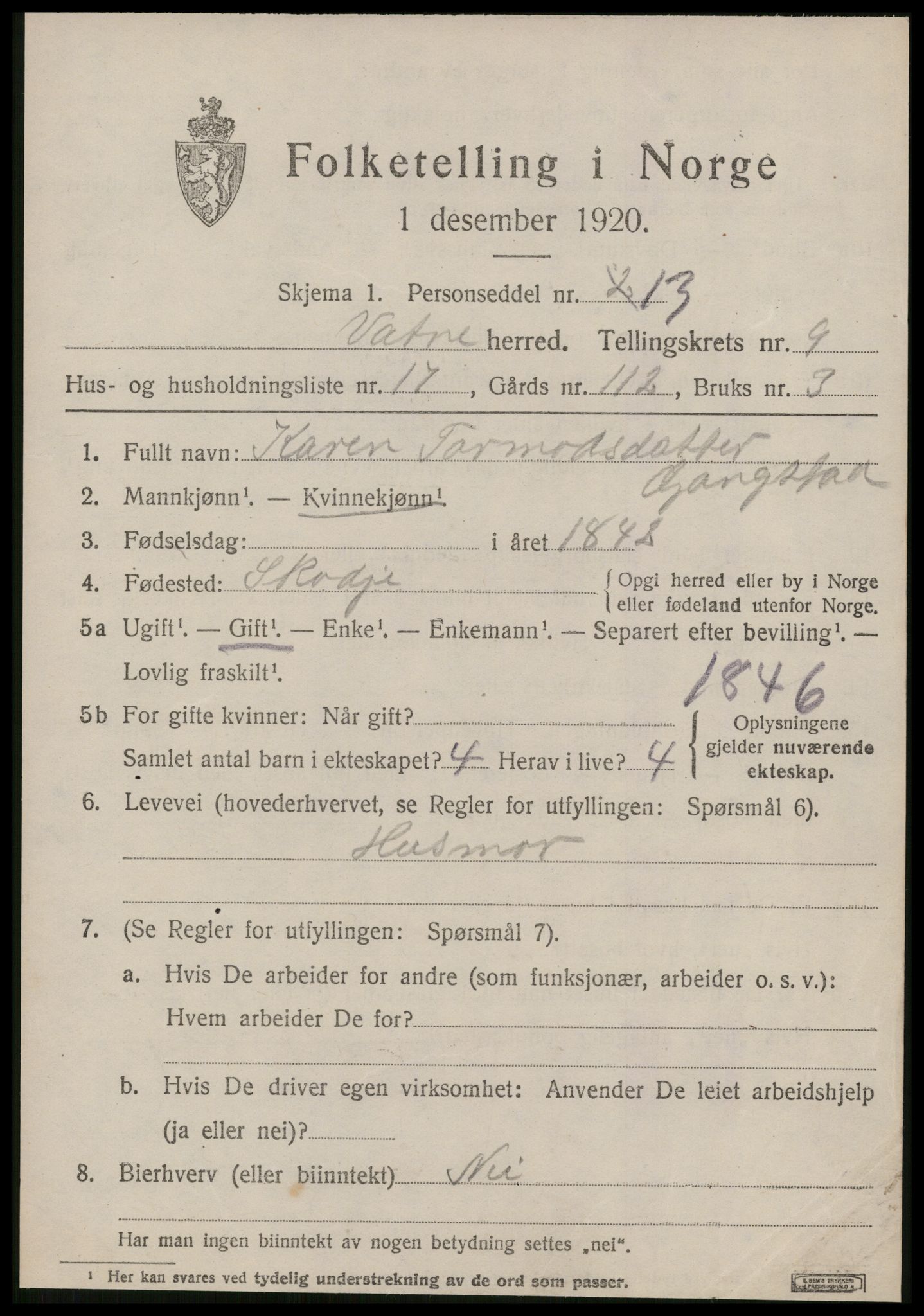SAT, 1920 census for Vatne, 1920, p. 3920