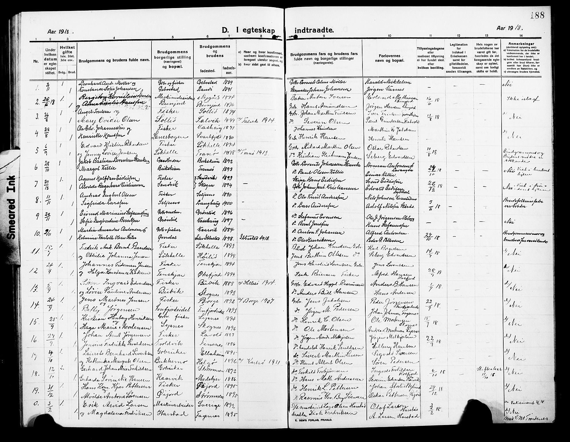 Lenvik sokneprestembete, SATØ/S-1310/H/Ha/Hab/L0009klokker: Parish register (copy) no. 9, 1912-1926, p. 188