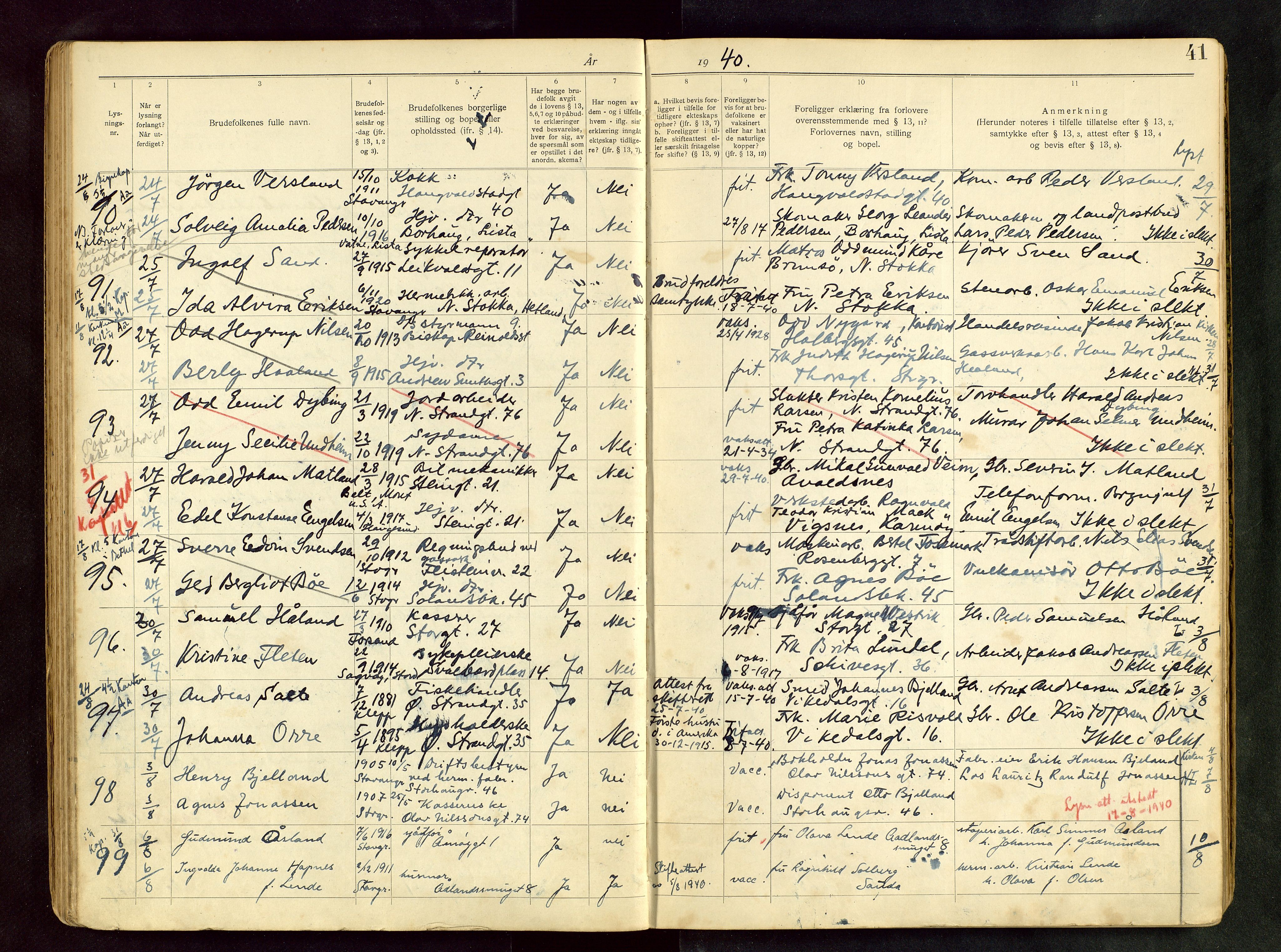 Domkirken sokneprestkontor, AV/SAST-A-101812/001/70/705BB/L0003: Banns register no. 3, 1938-1946, p. 41