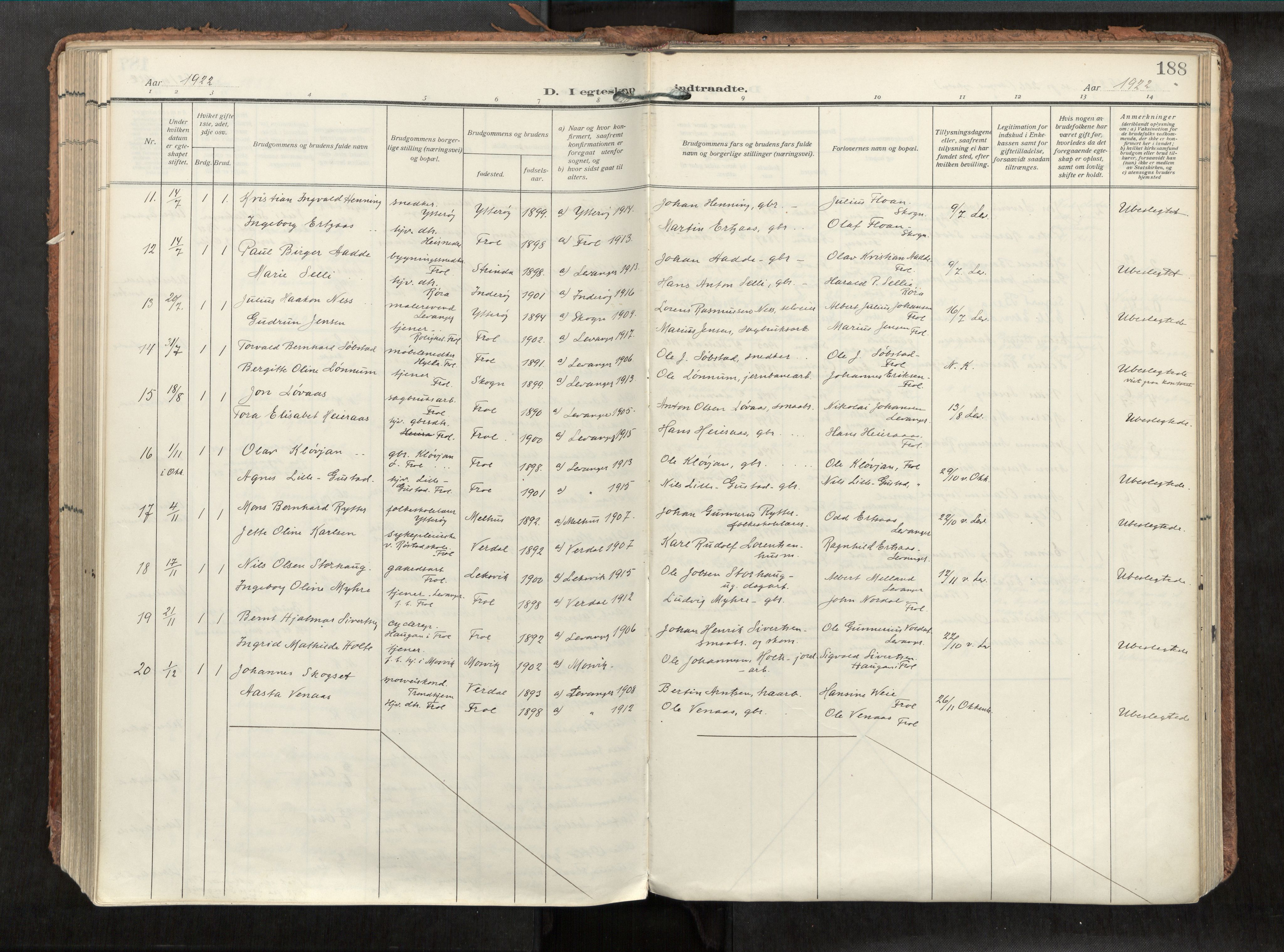 Levanger sokneprestkontor, SAT/A-1301/2/H/Haa/L0002: Parish register (official) no. 2, 1912-1935, p. 188