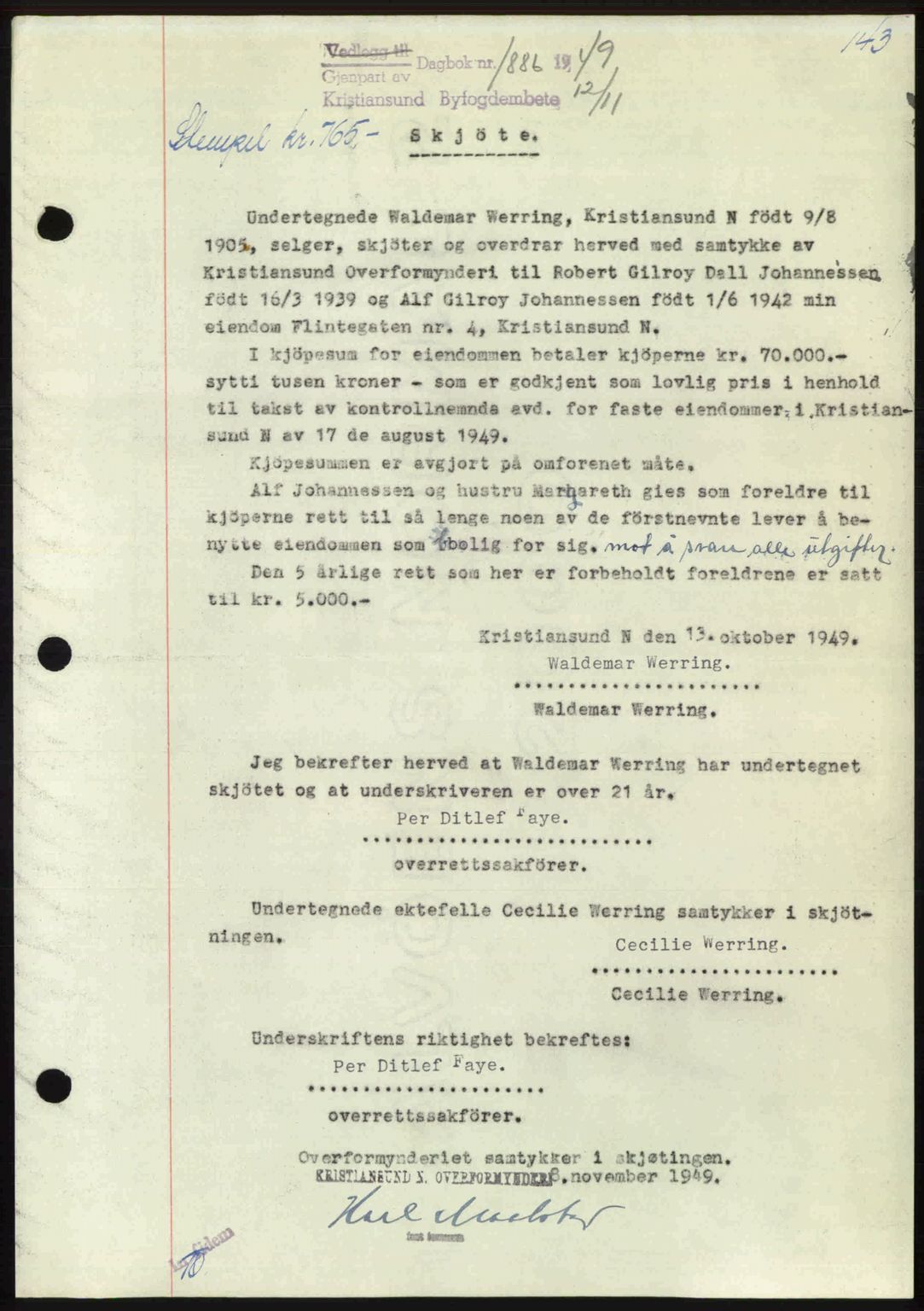 Kristiansund byfogd, AV/SAT-A-4587/A/27: Mortgage book no. 46, 1949-1950, Diary no: : 1886/1949