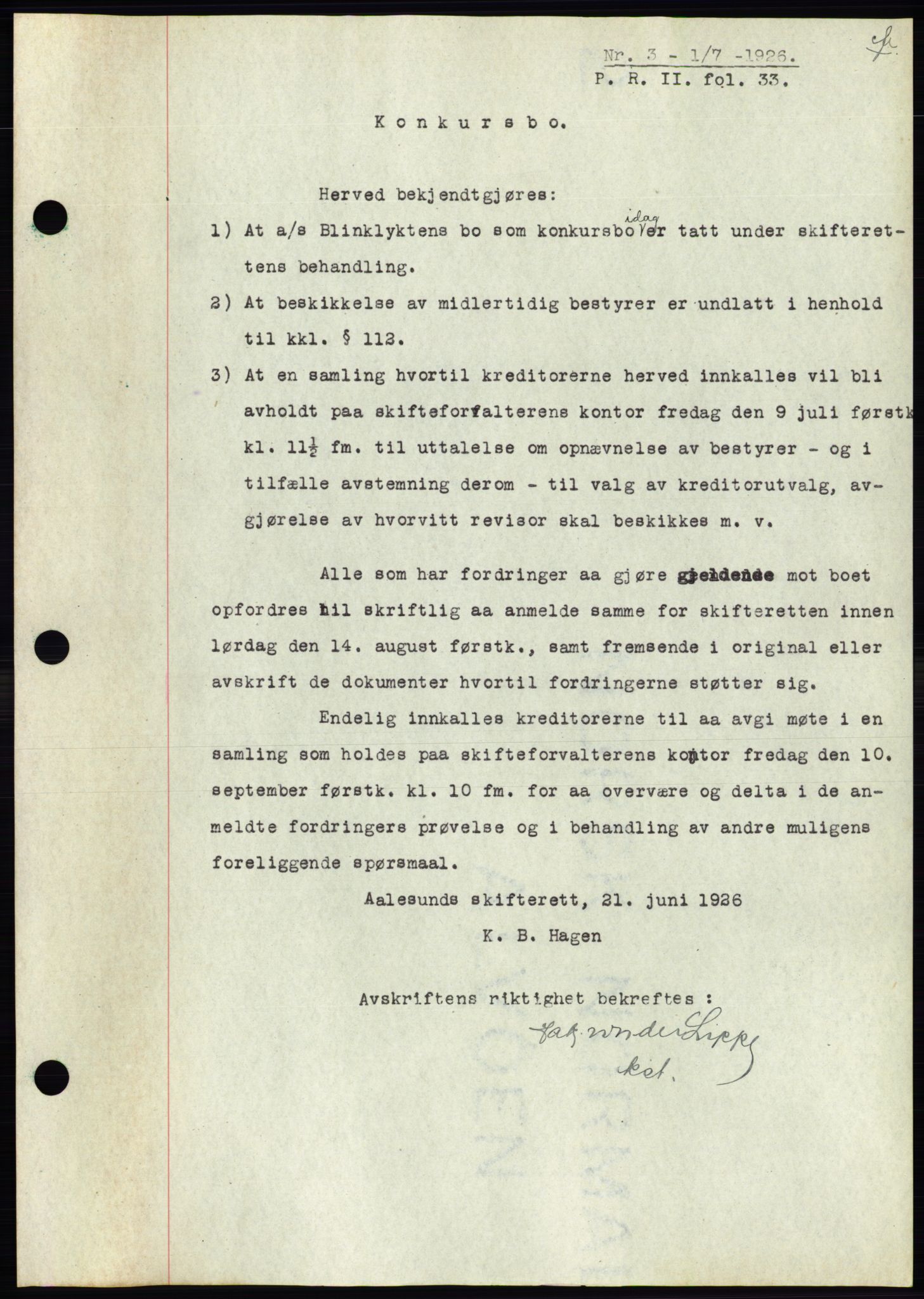 Ålesund byfogd, AV/SAT-A-4384: Mortgage book no. 21, 1926-1927, Deed date: 01.07.1926