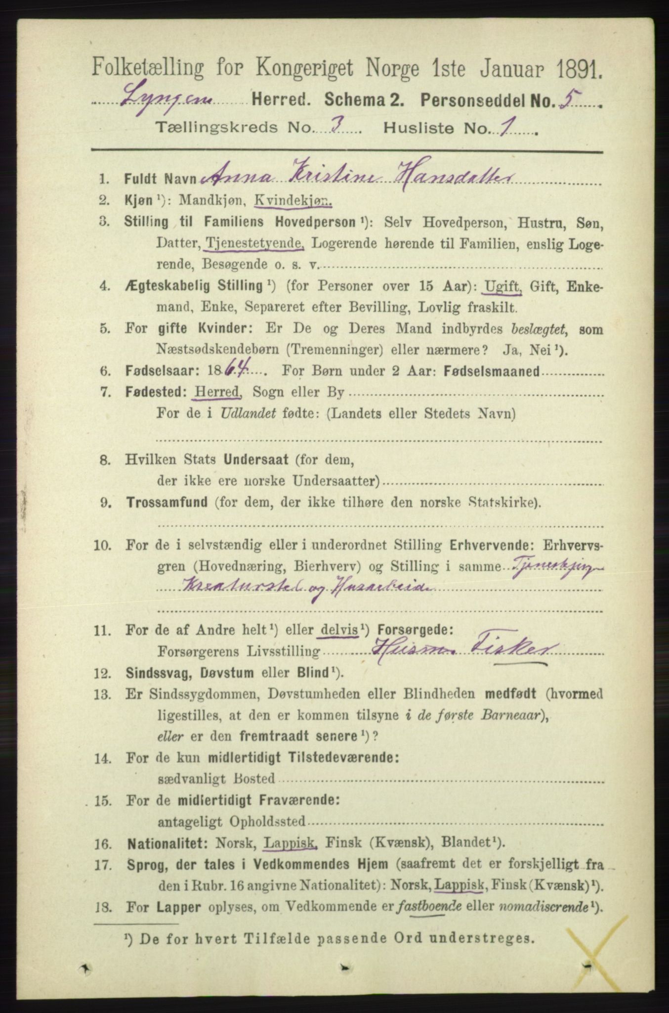 RA, 1891 census for 1938 Lyngen, 1891, p. 3141