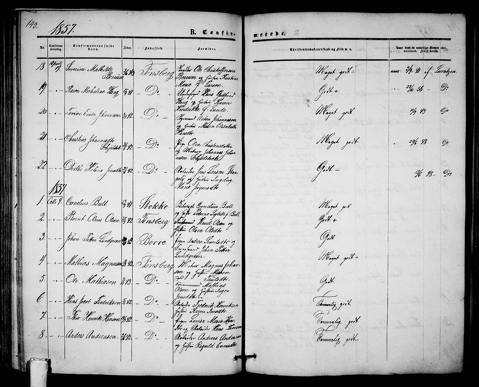 Tønsberg kirkebøker, SAKO/A-330/G/Ga/L0003: Parish register (copy) no. 3, 1855-1864, p. 143