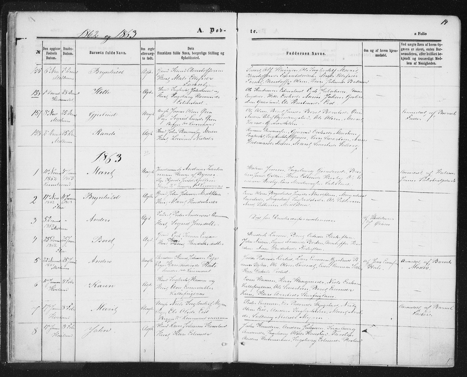 Ministerialprotokoller, klokkerbøker og fødselsregistre - Sør-Trøndelag, SAT/A-1456/691/L1077: Parish register (official) no. 691A09, 1862-1873, p. 14