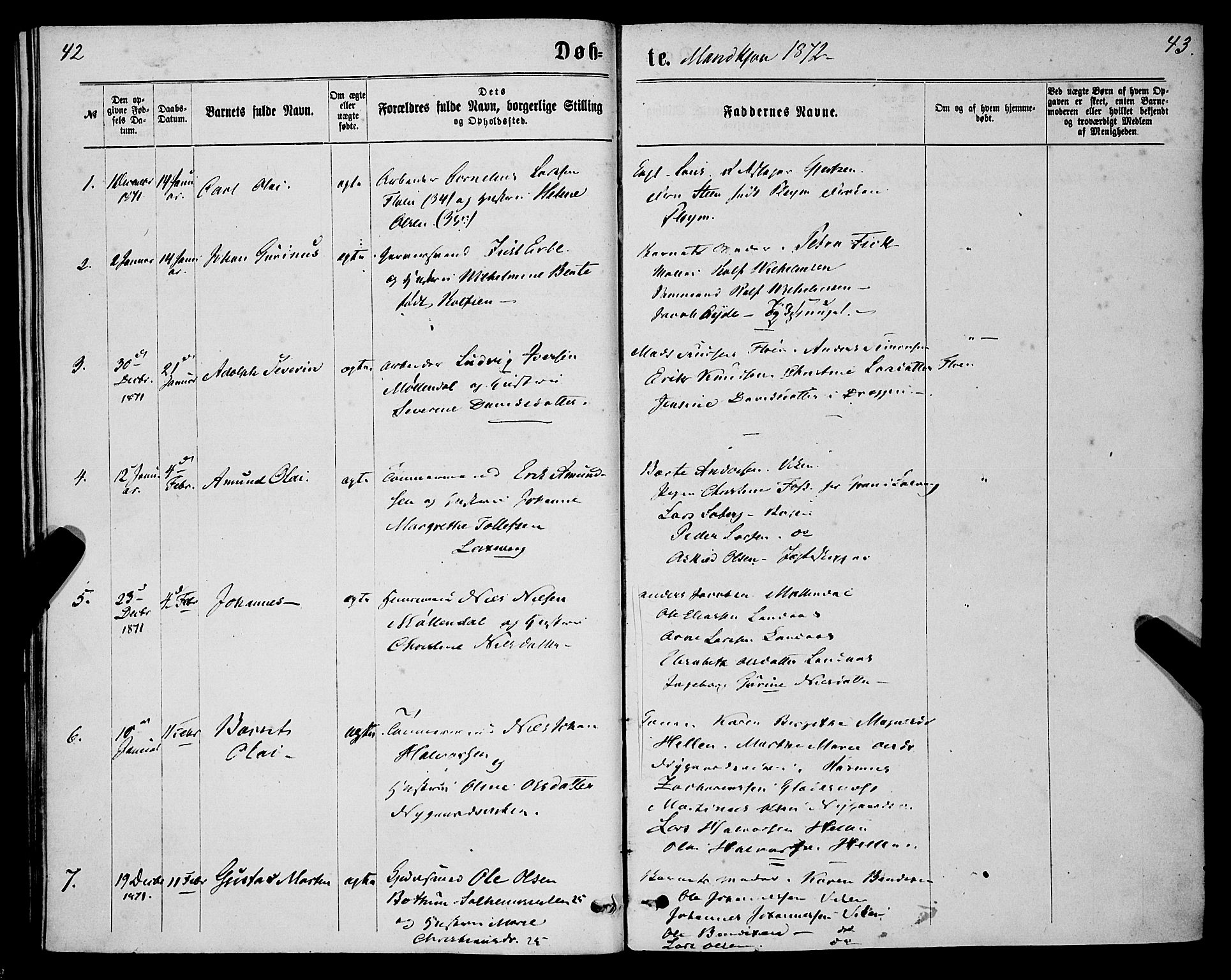 St. Jørgens hospital og Årstad sokneprestembete, AV/SAB-A-99934: Parish register (official) no. A 6, 1870-1878, p. 42-43