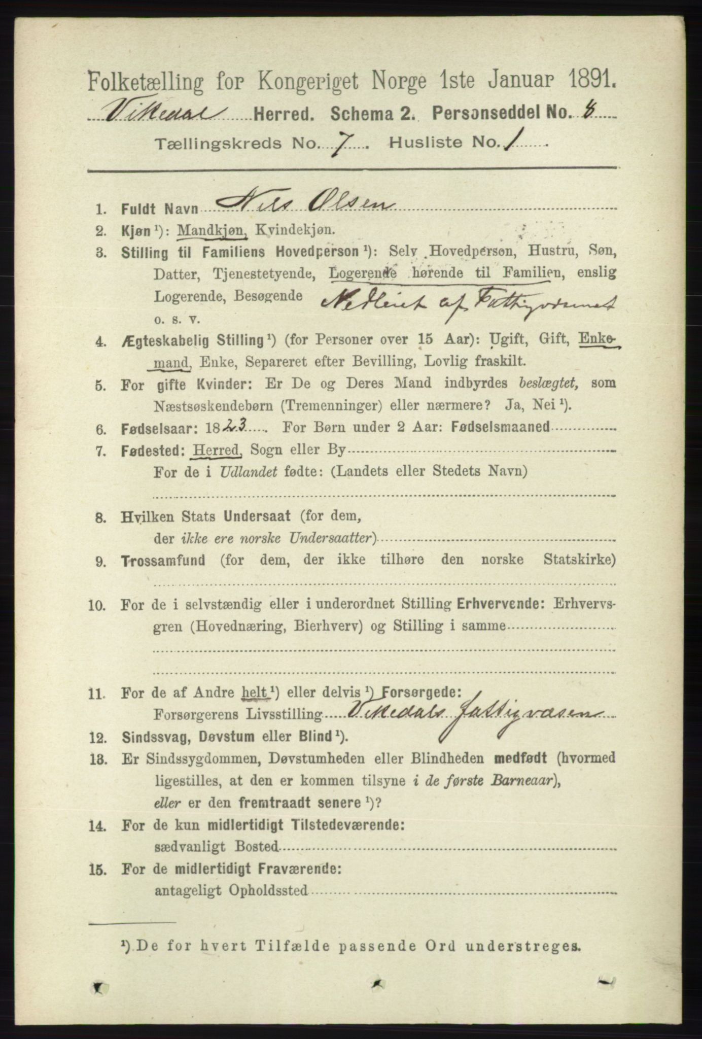 RA, 1891 census for 1157 Vikedal, 1891, p. 2041