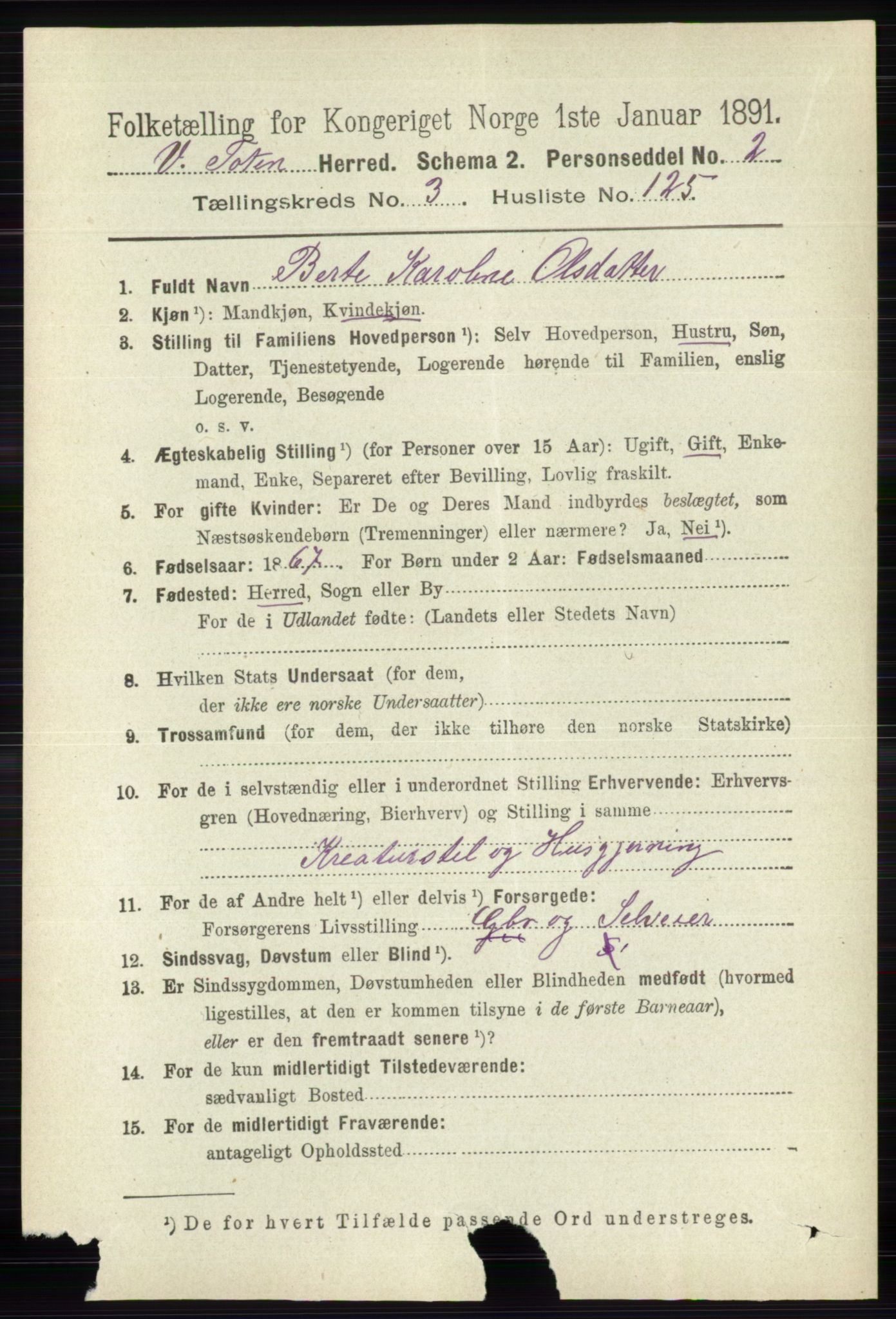 RA, 1891 census for 0529 Vestre Toten, 1891, p. 2630