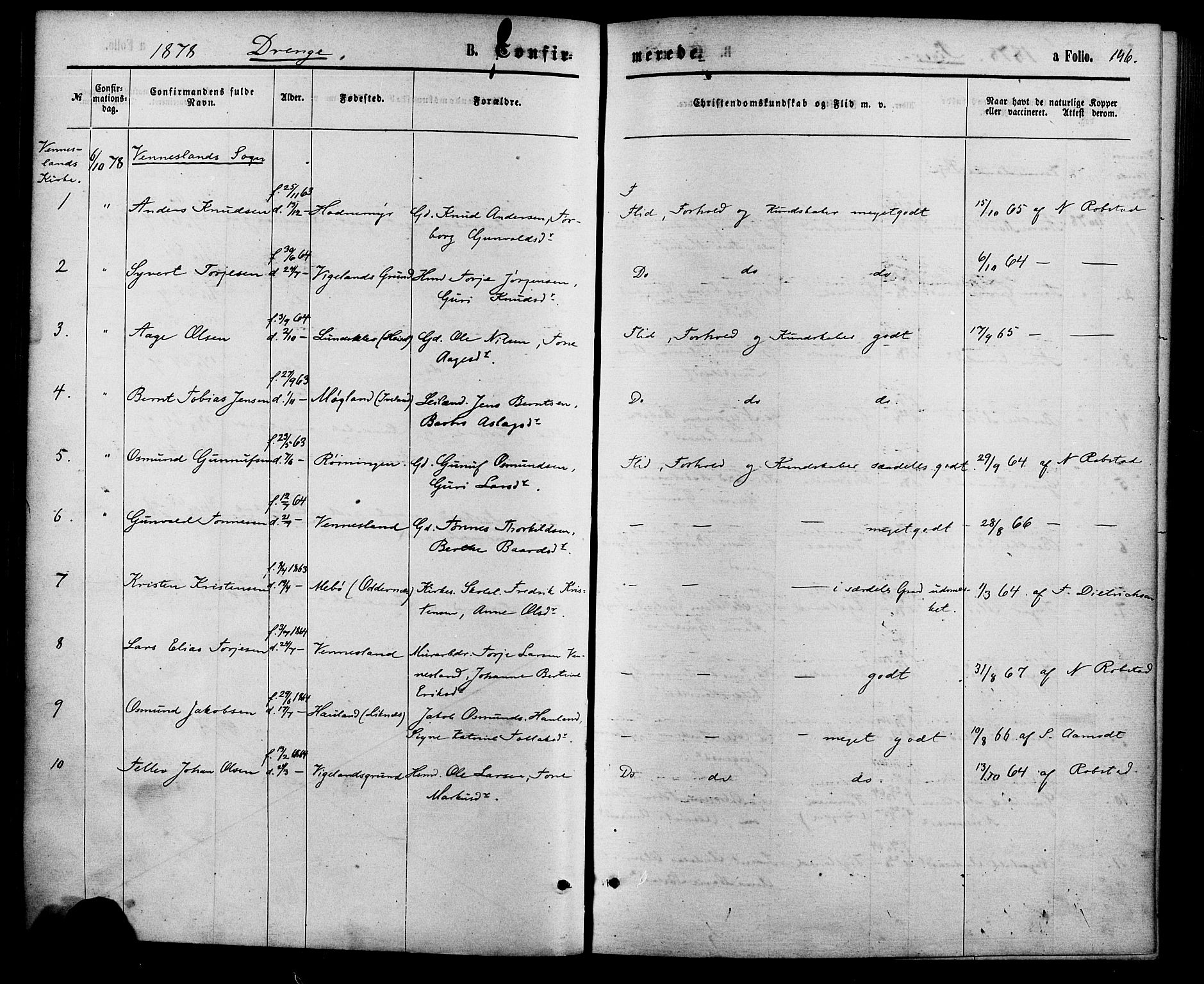 Vennesla sokneprestkontor, AV/SAK-1111-0045/Fa/Fac/L0008: Parish register (official) no. A 8, 1874-1883, p. 146