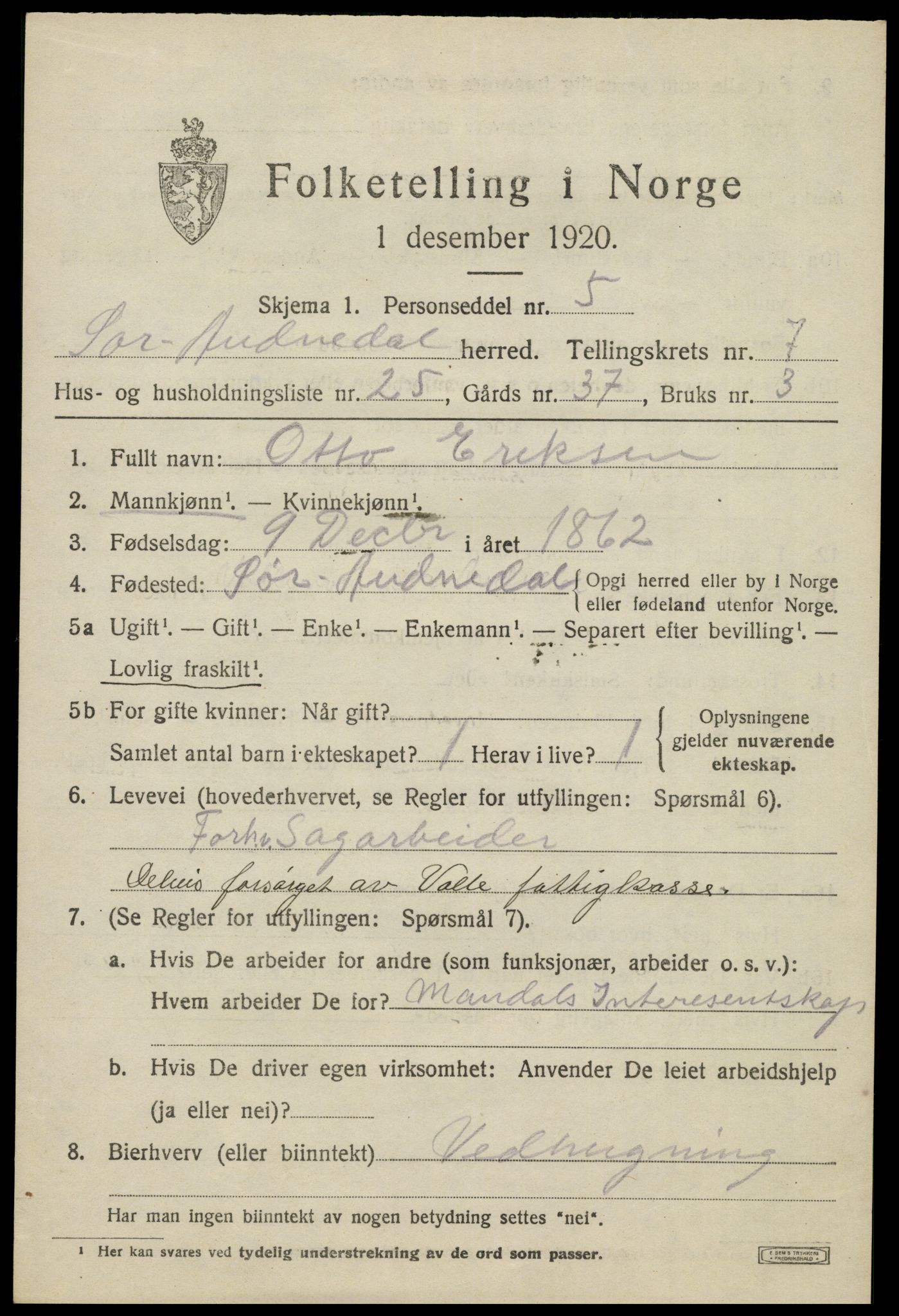 SAK, 1920 census for Sør-Audnedal, 1920, p. 3177