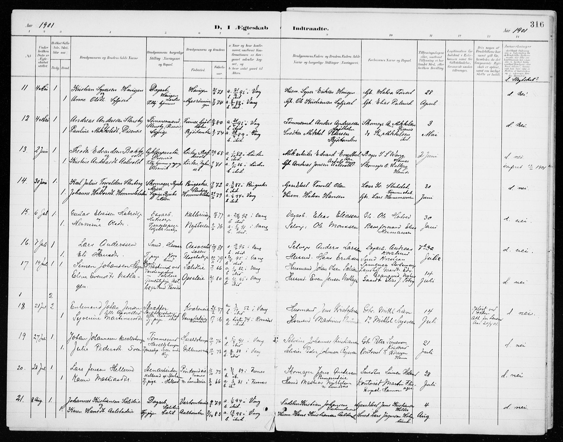 Vang prestekontor, Hedmark, AV/SAH-PREST-008/H/Ha/Haa/L0021: Parish register (official) no. 21, 1902-1917, p. 316