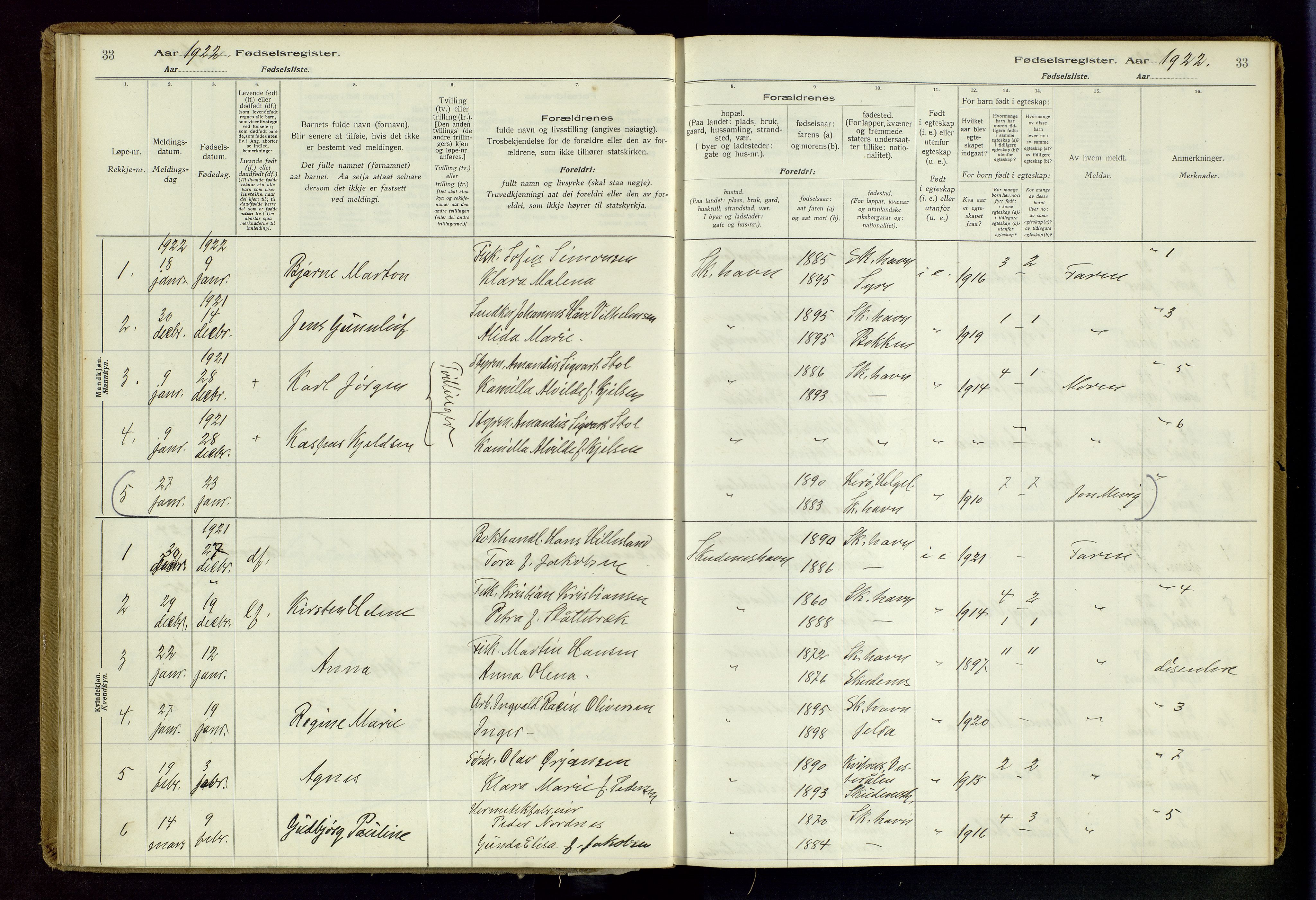 Skudenes sokneprestkontor, SAST/A -101849/I/Id/L0003: Birth register no. 3, 1916-1964, p. 33