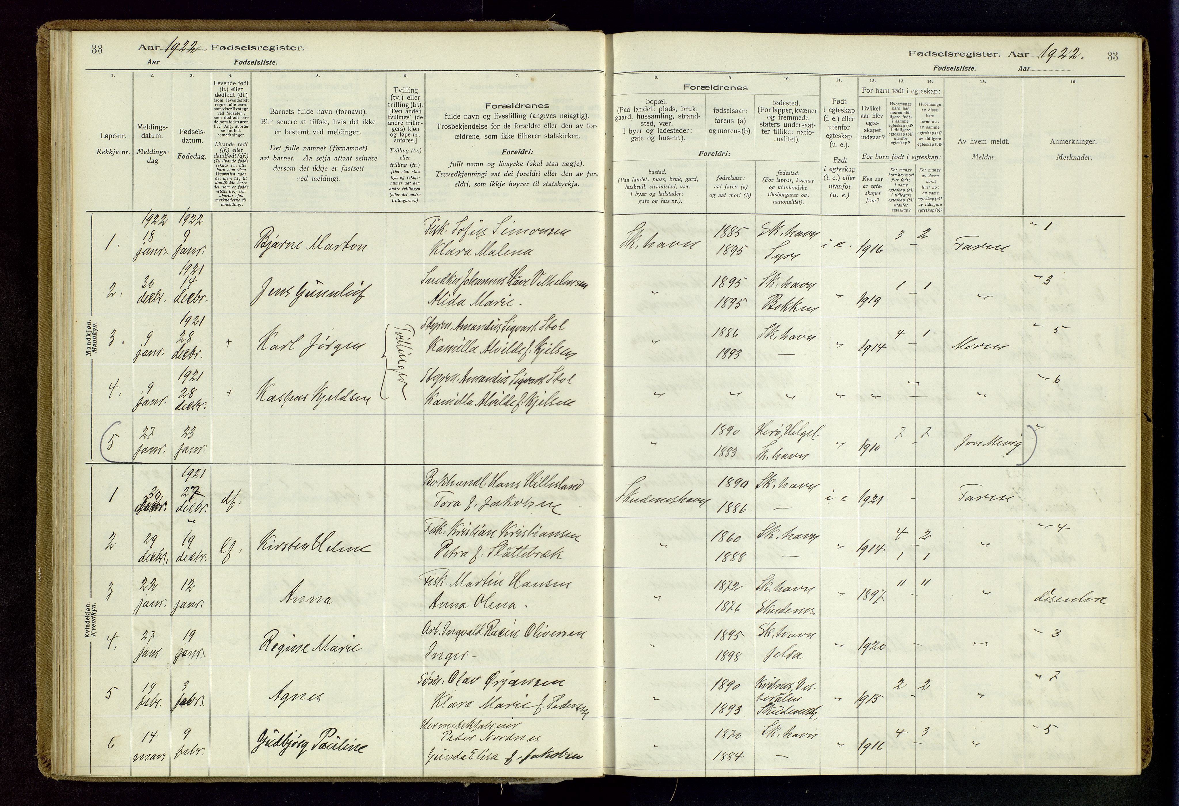 Skudenes sokneprestkontor, AV/SAST-A -101849/I/Id/L0003: Birth register no. 3, 1916-1964, p. 33