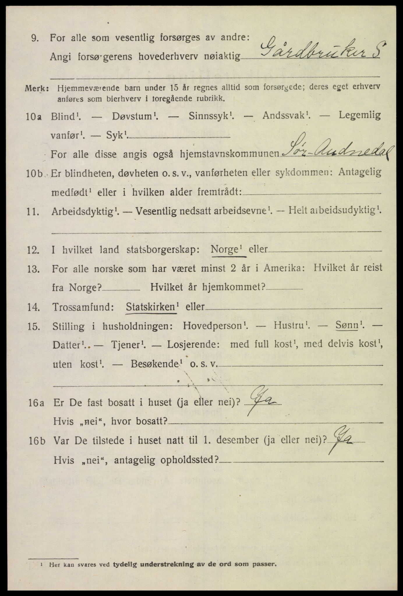 SAK, 1920 census for Sør-Audnedal, 1920, p. 2594