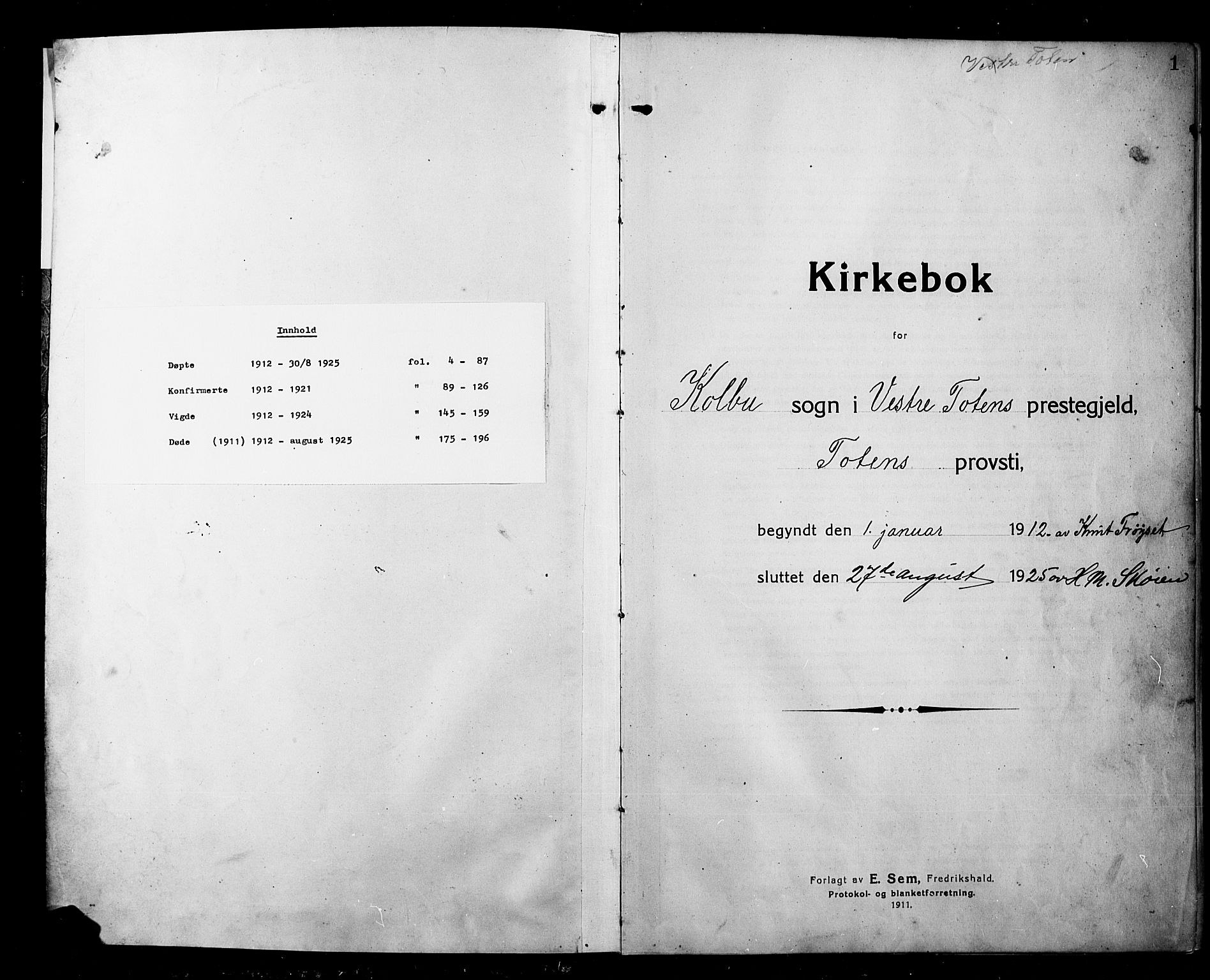 Kolbu prestekontor, SAH/PREST-110/H/Ha/Hab/L0001: Parish register (copy) no. 1, 1912-1925, p. 1