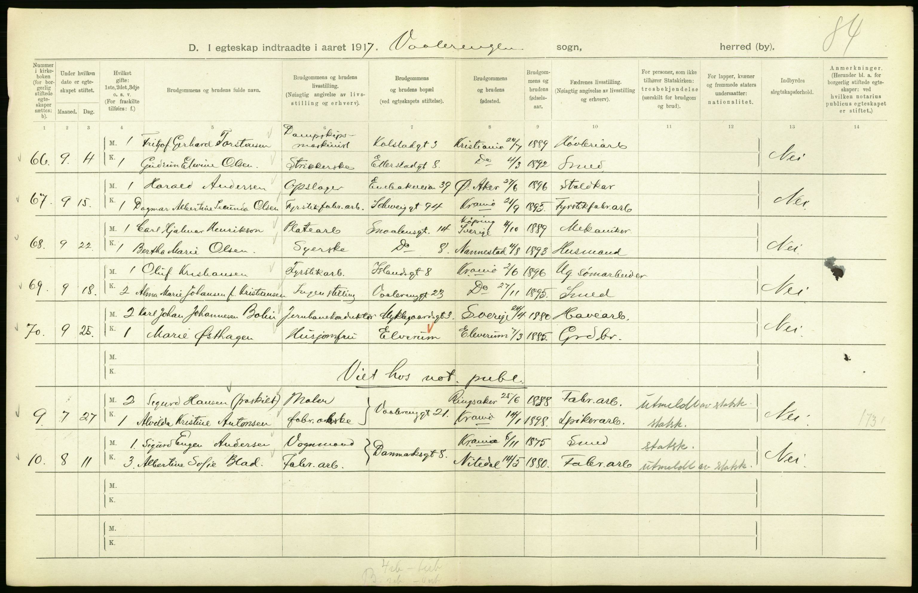 Statistisk sentralbyrå, Sosiodemografiske emner, Befolkning, AV/RA-S-2228/D/Df/Dfb/Dfbg/L0009: Kristiania: Gifte, 1917, p. 92