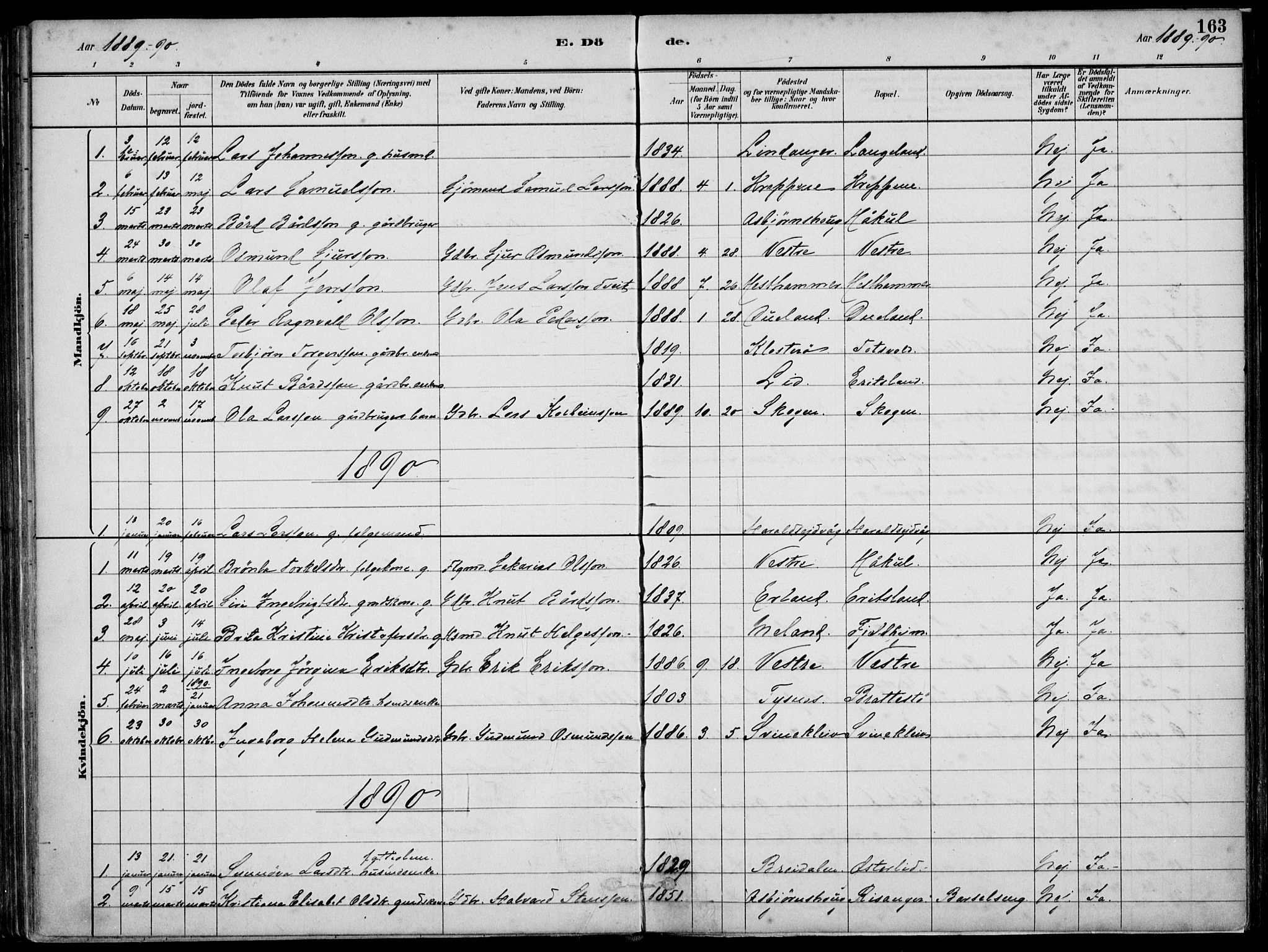 Skjold sokneprestkontor, AV/SAST-A-101847/H/Ha/Haa/L0010: Parish register (official) no. A 10, 1882-1897, p. 163