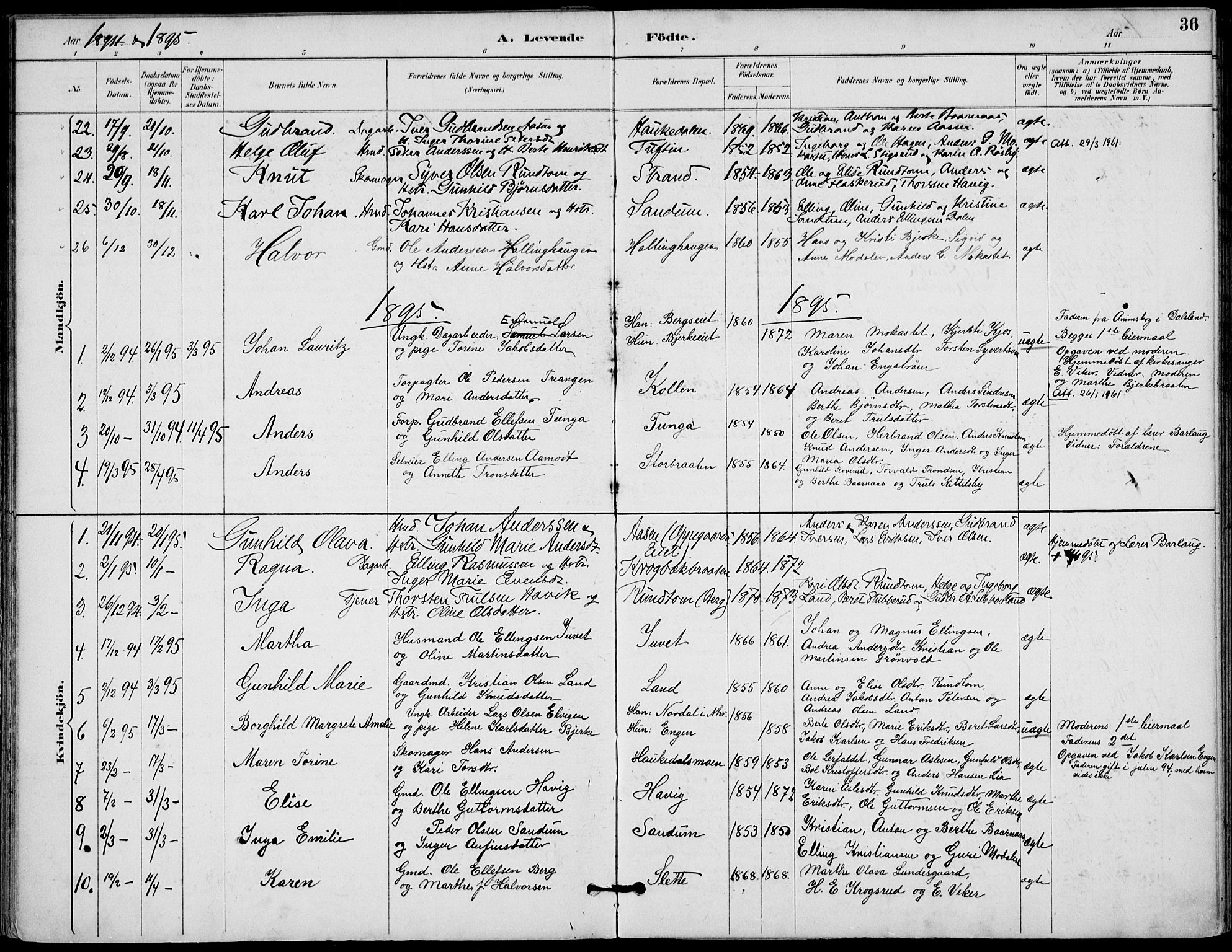 Lunder kirkebøker, AV/SAKO-A-629/F/Fa/L0001: Parish register (official) no. I 1, 1885-1912, p. 36