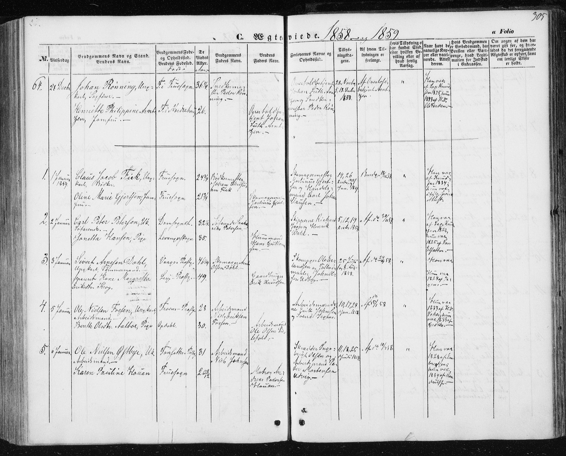 Ministerialprotokoller, klokkerbøker og fødselsregistre - Sør-Trøndelag, SAT/A-1456/602/L0112: Parish register (official) no. 602A10, 1848-1859, p. 305