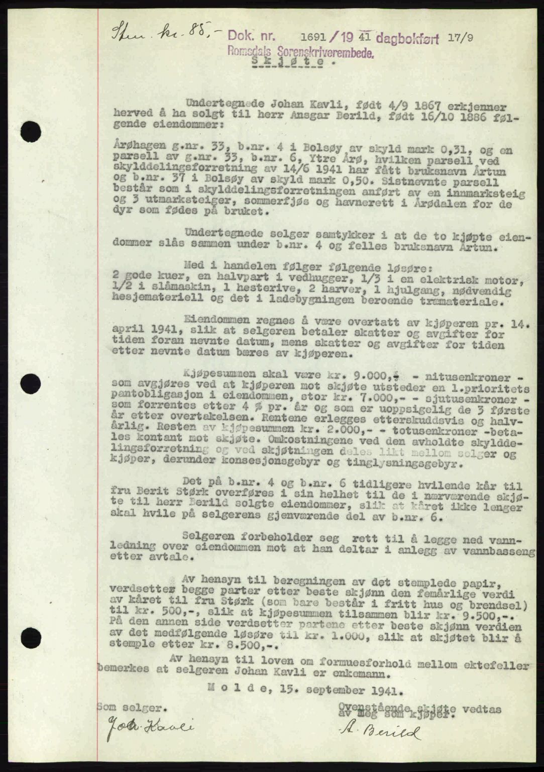 Romsdal sorenskriveri, AV/SAT-A-4149/1/2/2C: Mortgage book no. A10, 1941-1941, Diary no: : 1691/1941