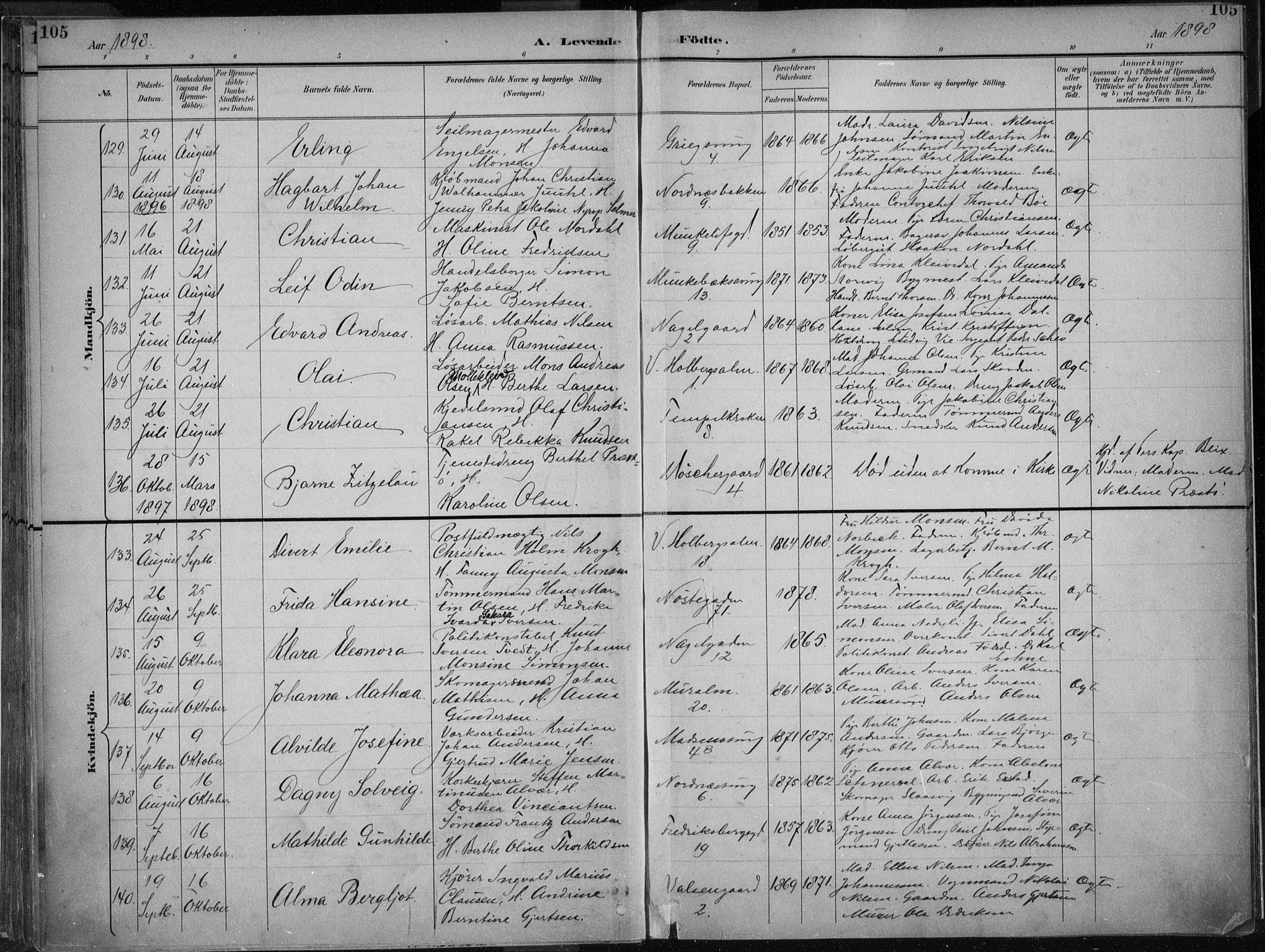 Nykirken Sokneprestembete, AV/SAB-A-77101/H/Haa/L0018: Parish register (official) no. B 6, 1895-1903, p. 105