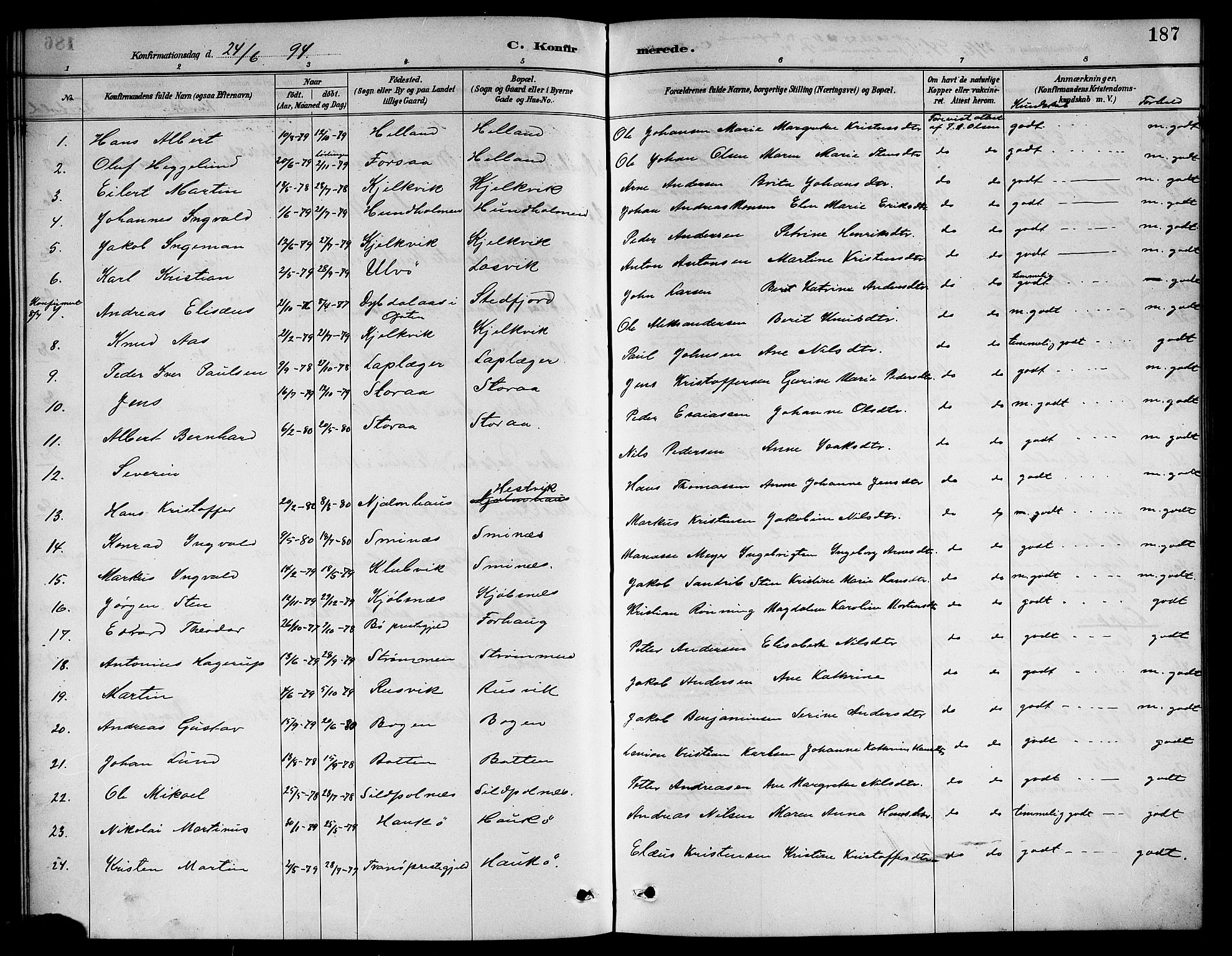 Ministerialprotokoller, klokkerbøker og fødselsregistre - Nordland, AV/SAT-A-1459/861/L0876: Parish register (copy) no. 861C02, 1887-1903, p. 187