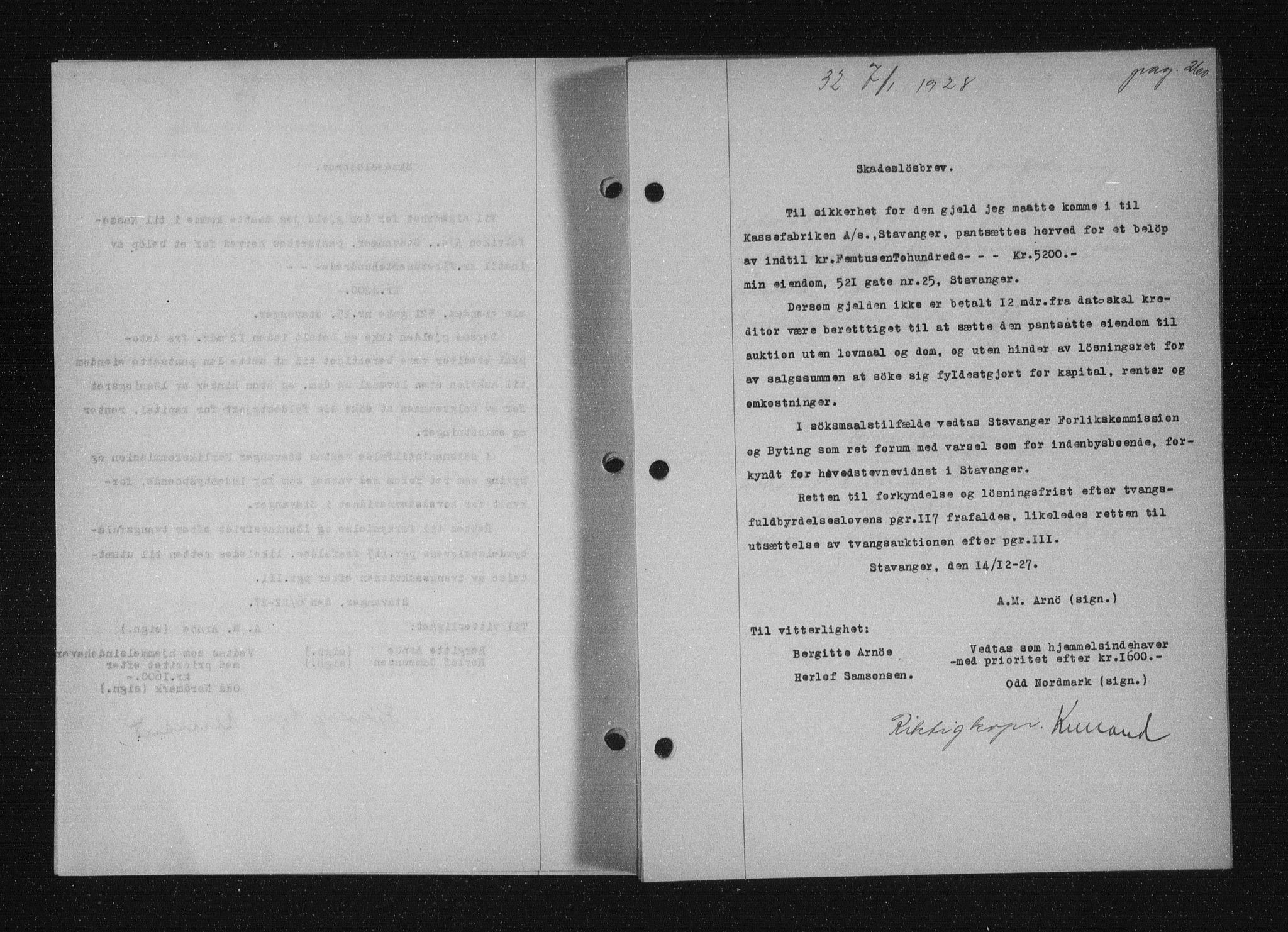 Stavanger byfogd, SAST/A-101408/001/4/41/410/410BB/L0053: Mortgage book no. 41, 1927-1928, Deed date: 07.01.1928