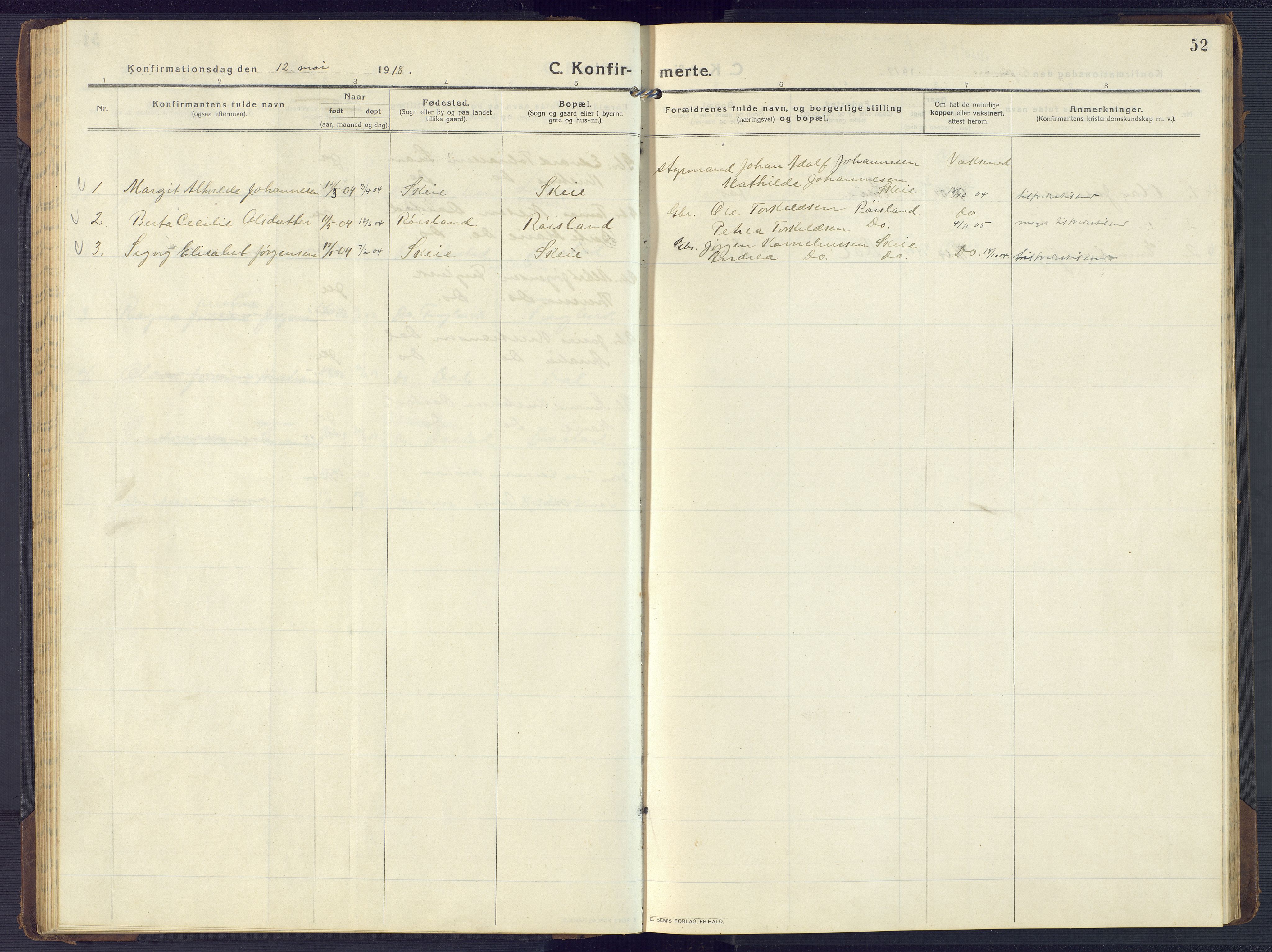 Mandal sokneprestkontor, SAK/1111-0030/F/Fb/Fbb/L0005: Parish register (copy) no. B 5, 1913-1957, p. 52