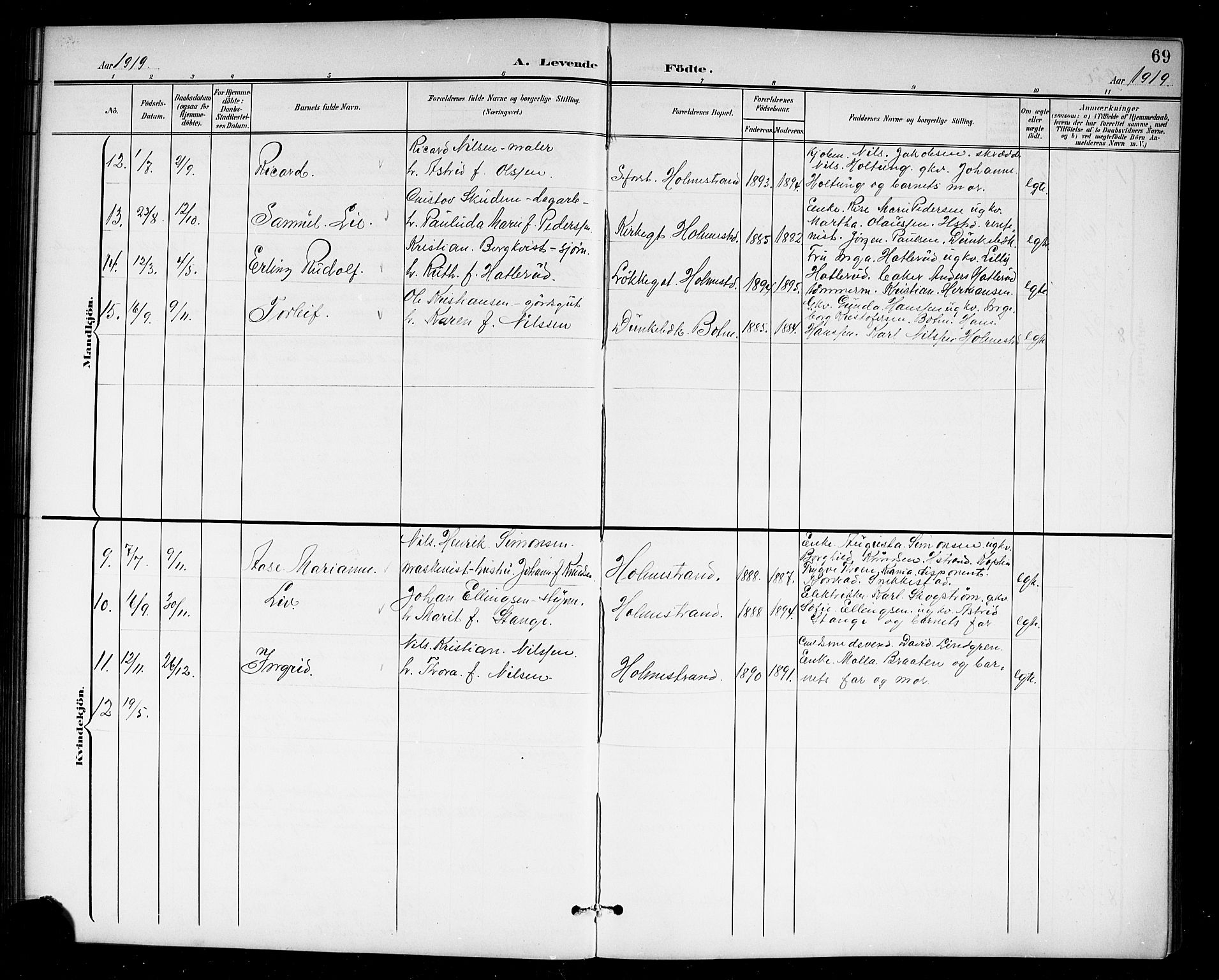 Holmestrand kirkebøker, AV/SAKO-A-346/G/Ga/L0006: Parish register (copy) no. 6, 1901-1923, p. 69