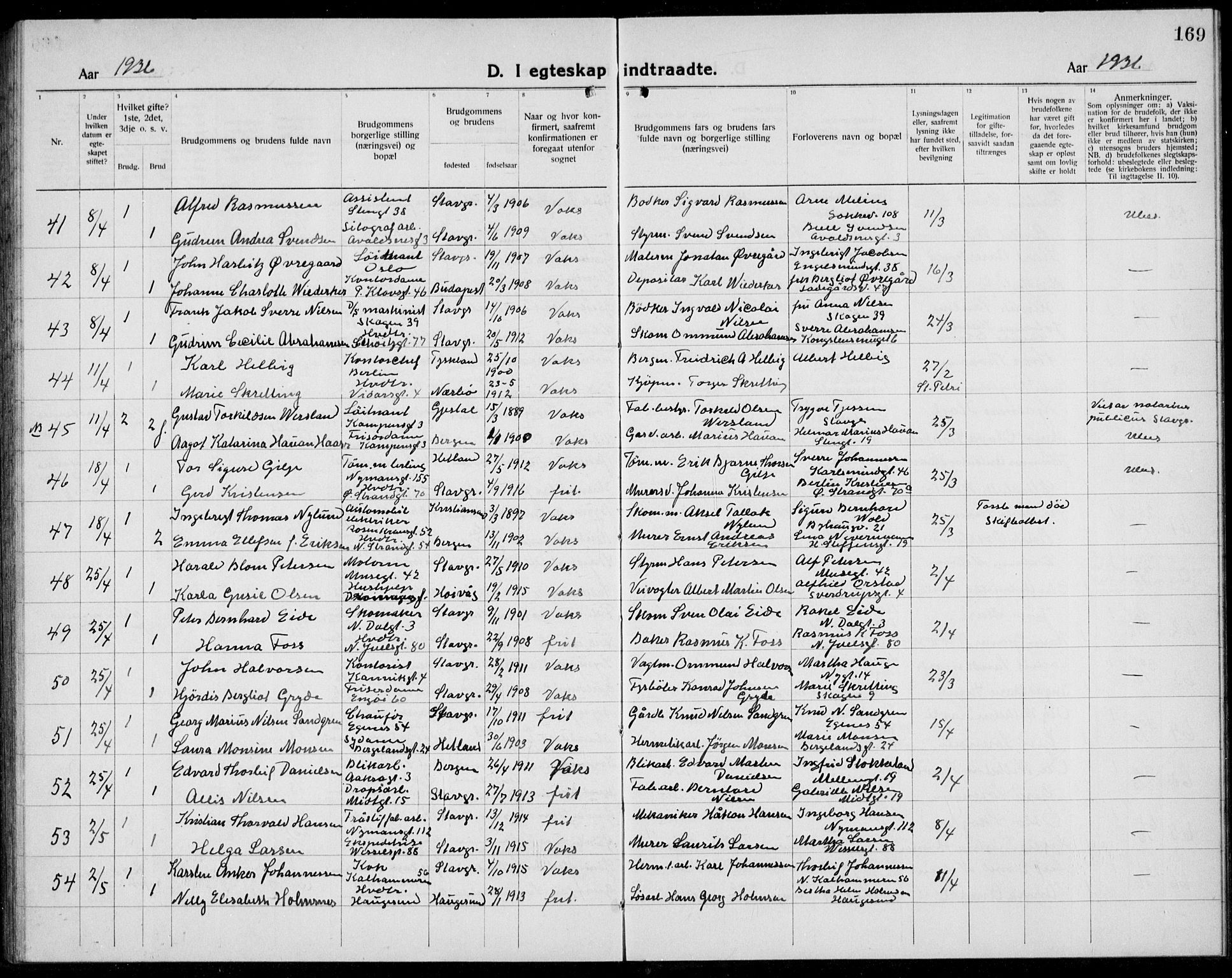 Domkirken sokneprestkontor, AV/SAST-A-101812/001/30/30BB/L0020: Parish register (copy) no. B 20, 1921-1937, p. 169