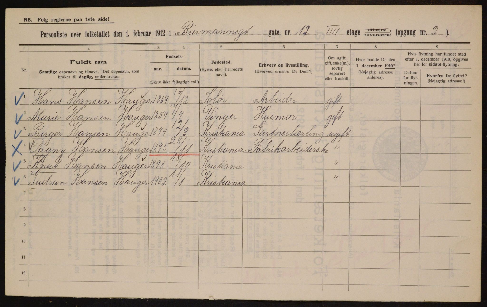 OBA, Municipal Census 1912 for Kristiania, 1912, p. 4912