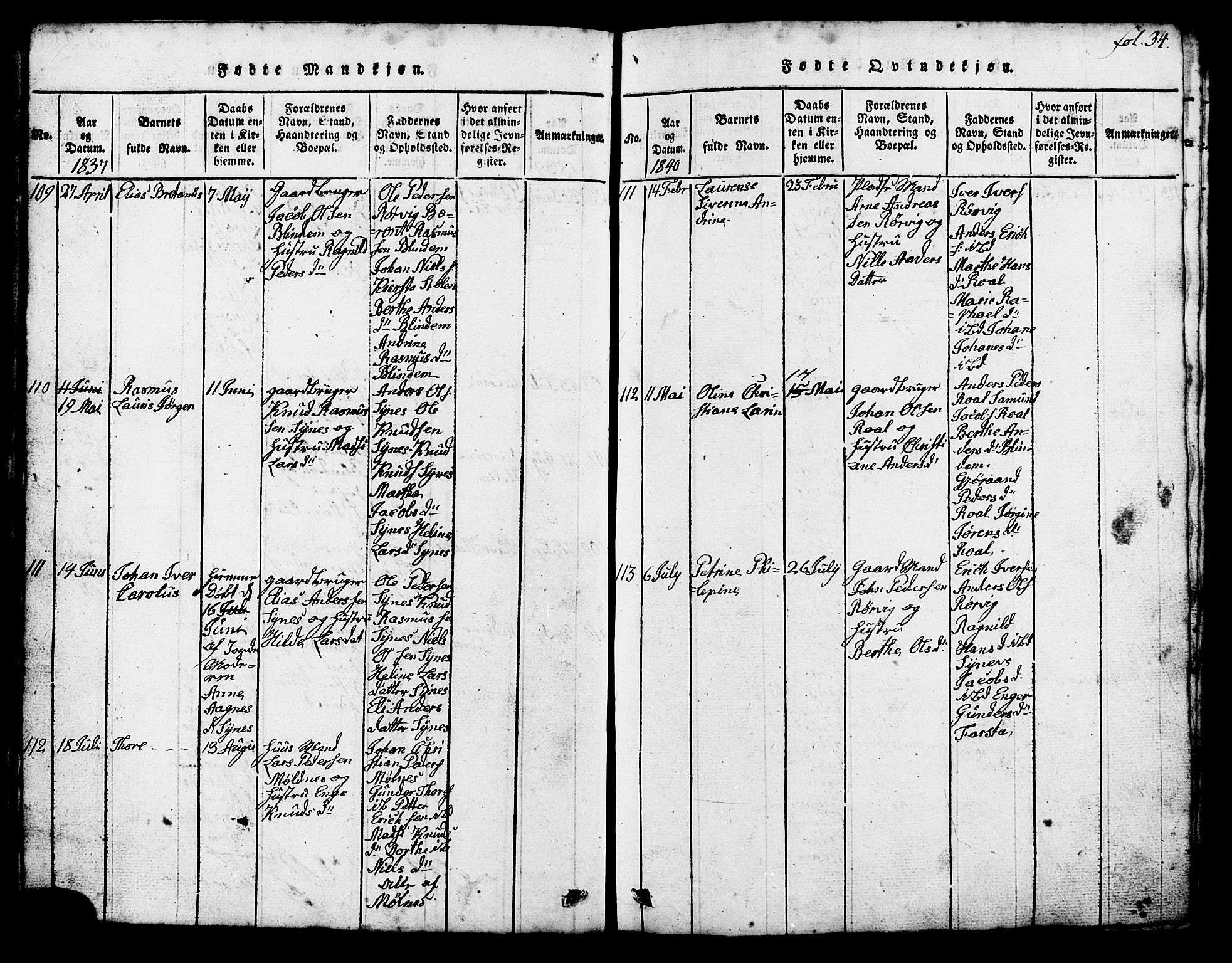 Ministerialprotokoller, klokkerbøker og fødselsregistre - Møre og Romsdal, SAT/A-1454/537/L0520: Parish register (copy) no. 537C01, 1819-1868, p. 34