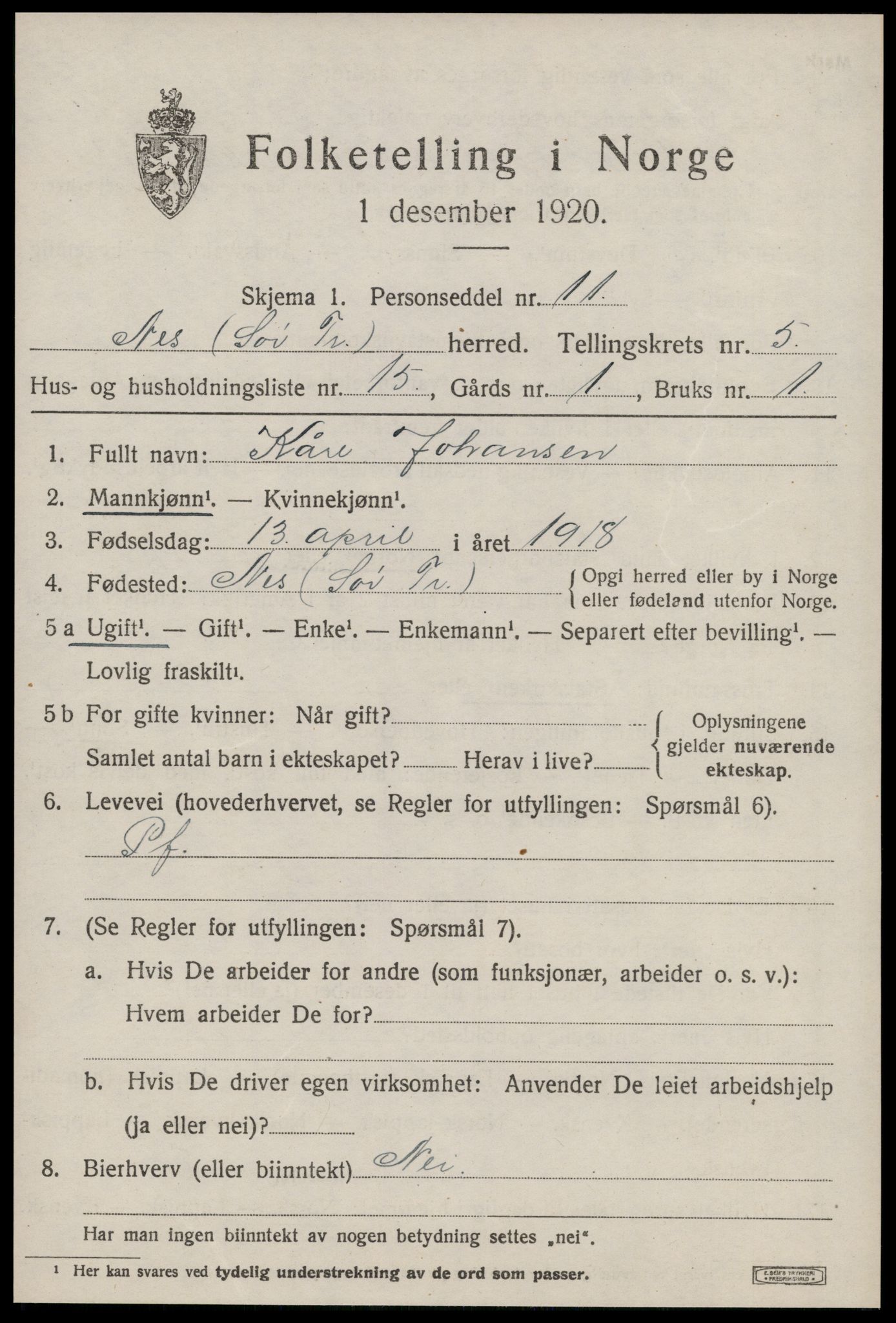 SAT, 1920 census for Nes (ST), 1920, p. 3069