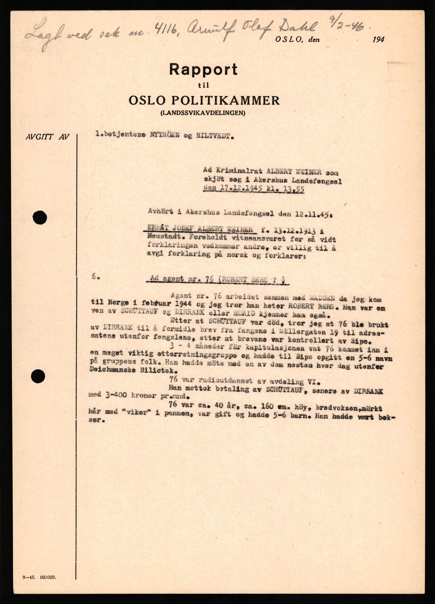 Forsvaret, Forsvarets overkommando II, AV/RA-RAFA-3915/D/Db/L0035: CI Questionaires. Tyske okkupasjonsstyrker i Norge. Tyskere., 1945-1946, p. 243