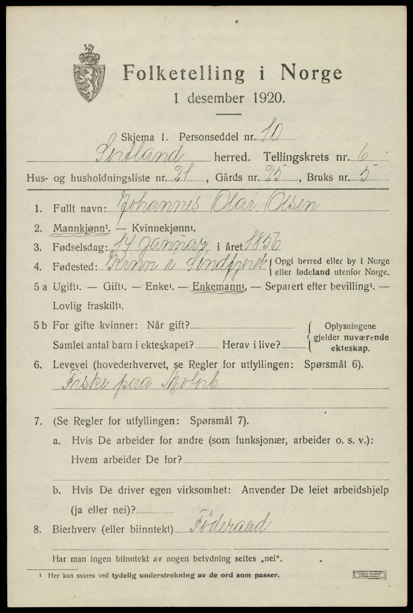 SAT, 1920 census for Sortland, 1920, p. 6514