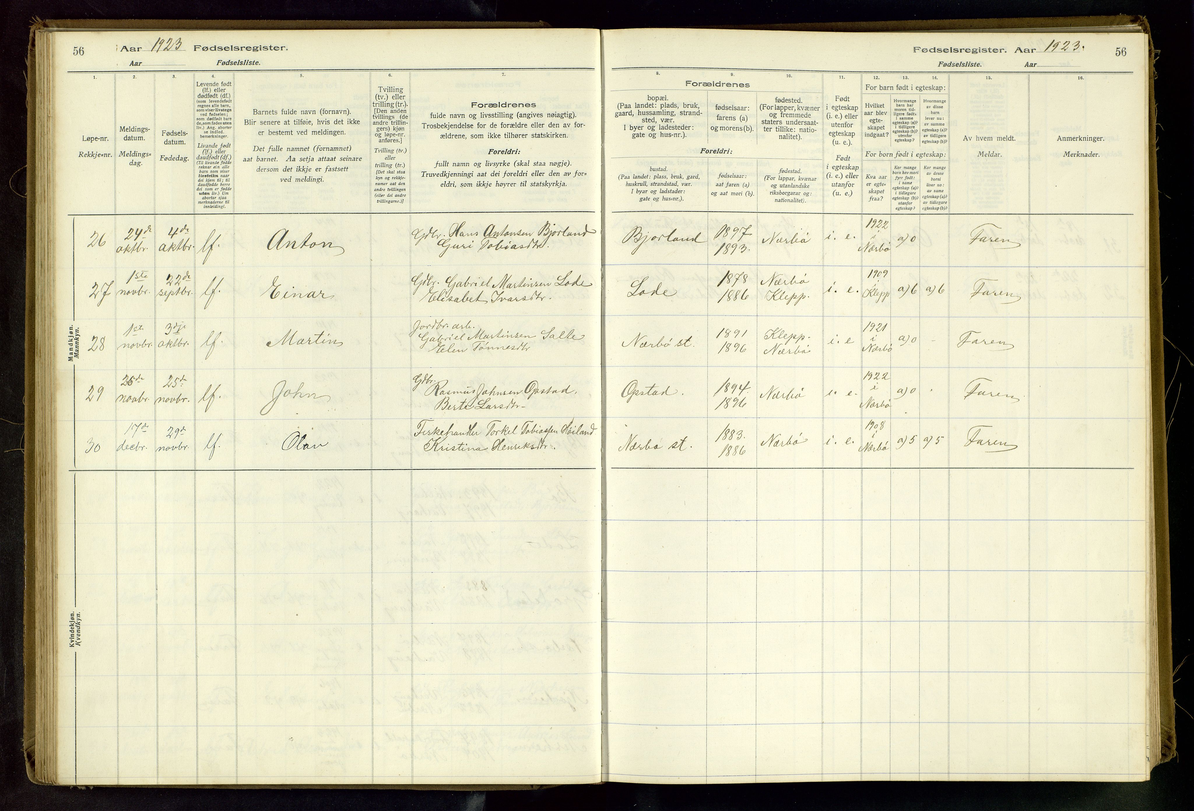 Hå sokneprestkontor, AV/SAST-A-101801/002/C/L0001: Birth register no. 1, 1916-1945, p. 56