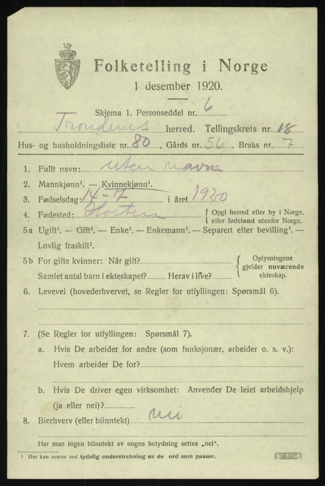 SATØ, 1920 census for Trondenes, 1920, p. 13329