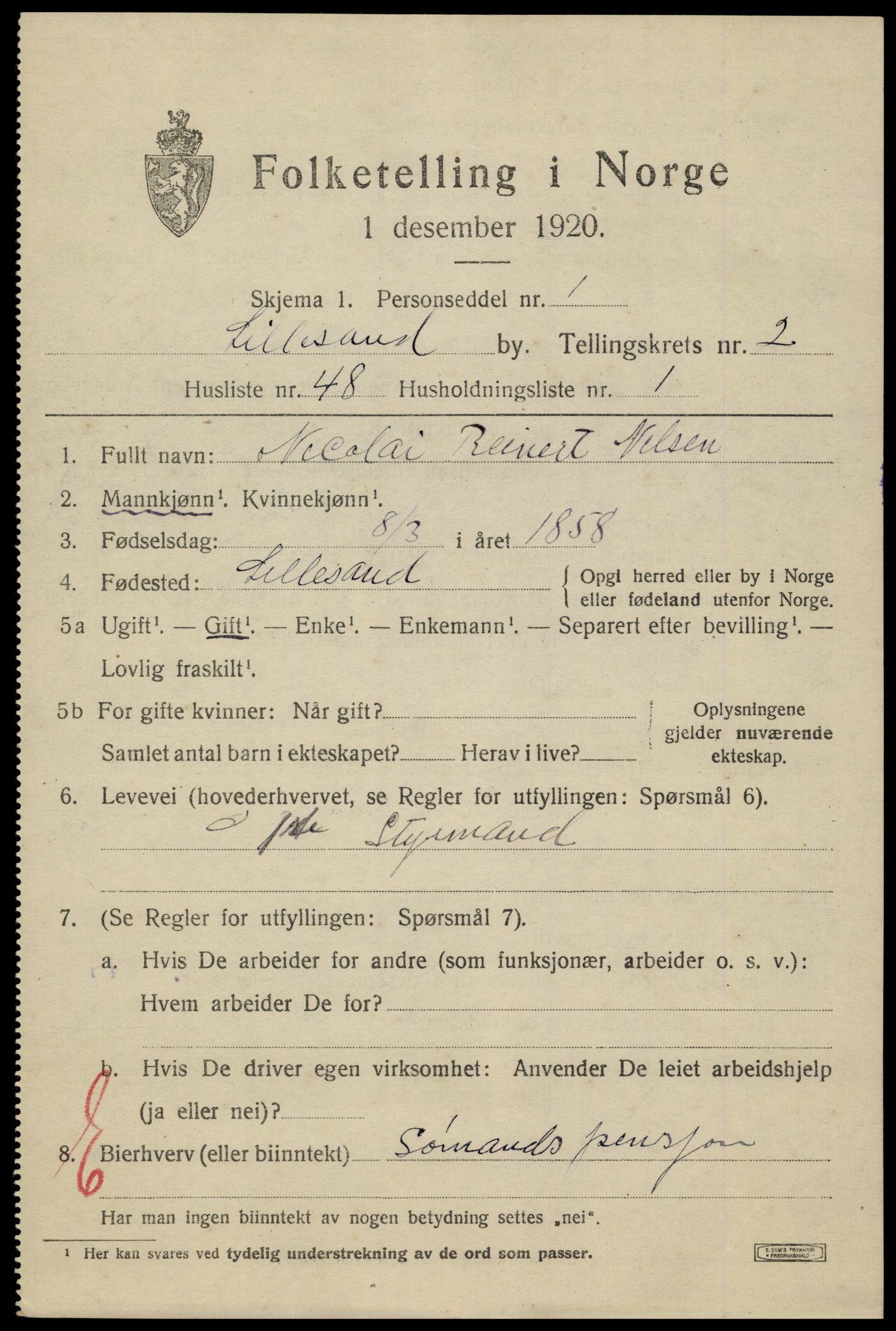 SAK, 1920 census for Lillesand, 1920, p. 2907