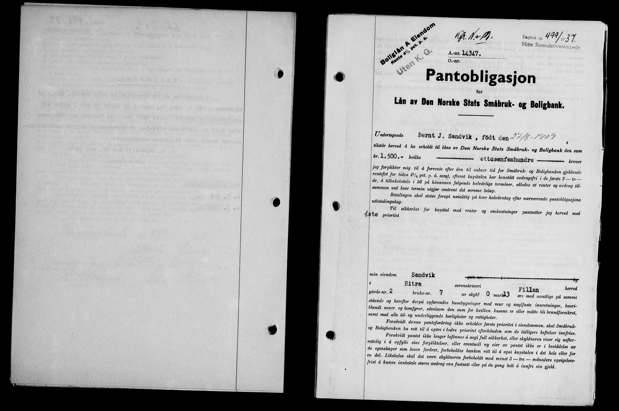 Hitra sorenskriveri, AV/SAT-A-0018/2/2C/2Ca/L0028: Mortgage book no. B-1, 1936-1939, Diary no: : 499/1937