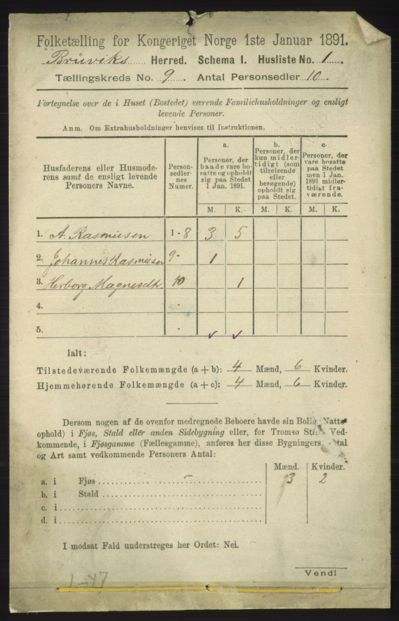 RA, 1891 census for 1251 Bruvik, 1891, p. 3211