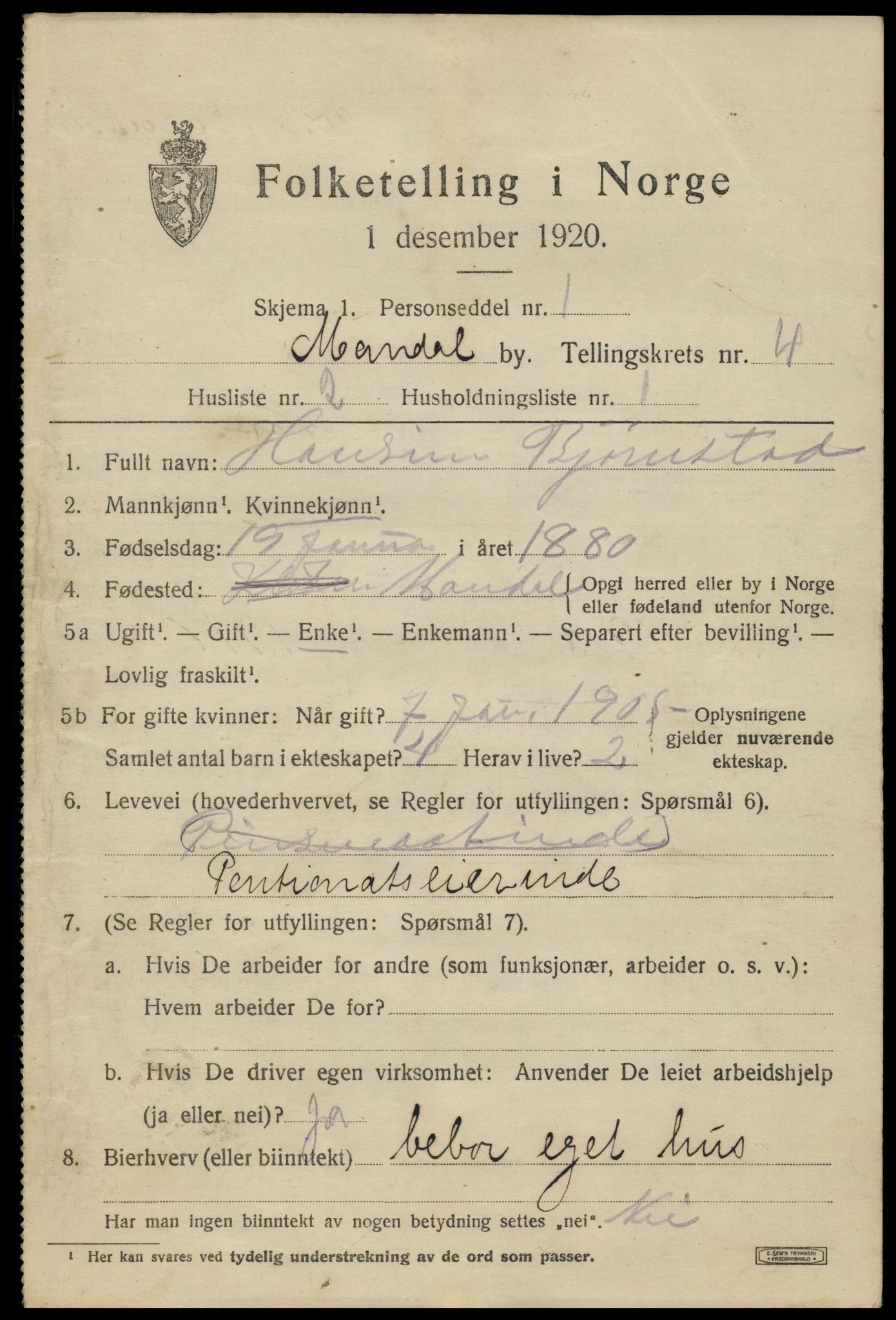 SAK, 1920 census for Mandal, 1920, p. 7025