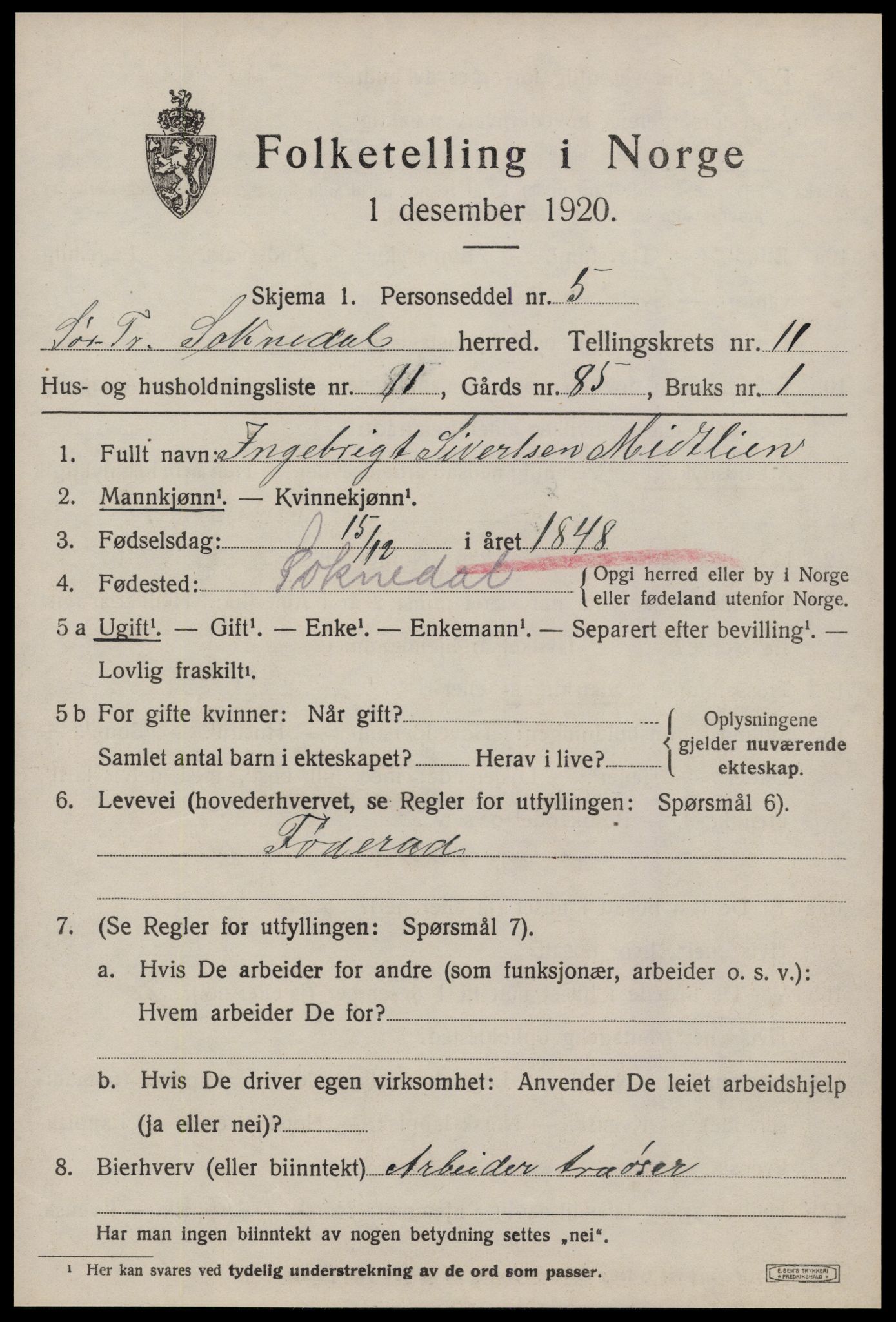 SAT, 1920 census for Soknedal, 1920, p. 4854