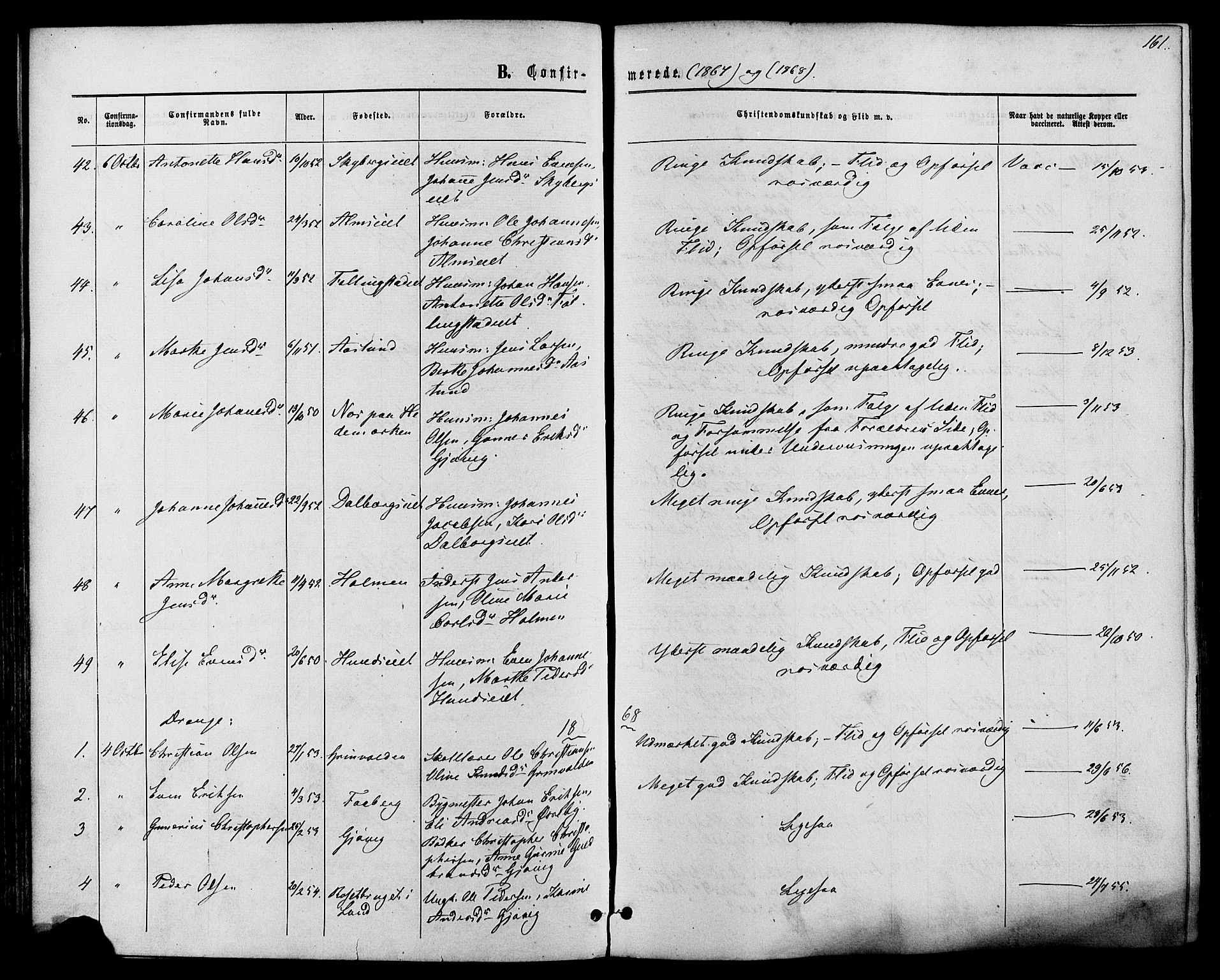 Vardal prestekontor, SAH/PREST-100/H/Ha/Haa/L0007: Parish register (official) no. 7, 1867-1878, p. 161