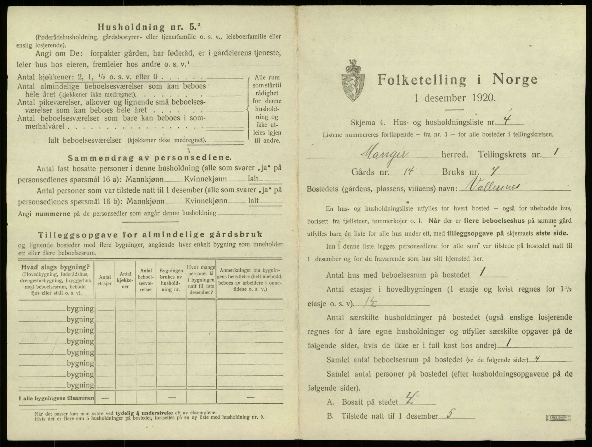 SAB, 1920 census for Manger, 1920, p. 66