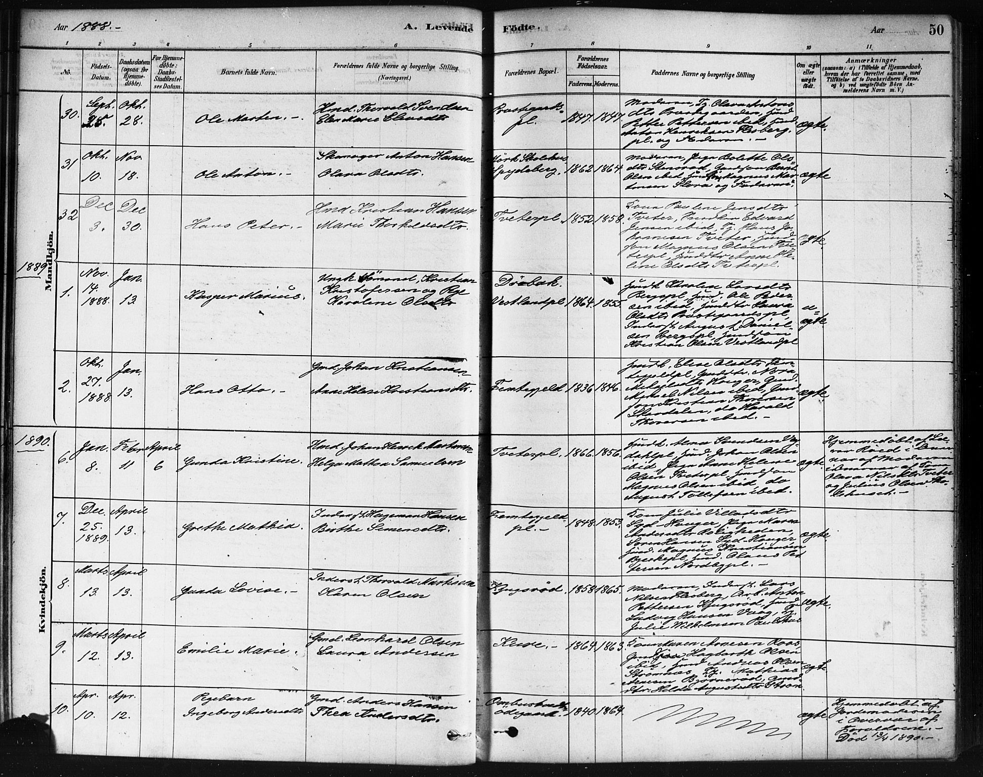 Våler prestekontor Kirkebøker, AV/SAO-A-11083/F/Fa/L0010: Parish register (official) no. I 10, 1878-1896, p. 50